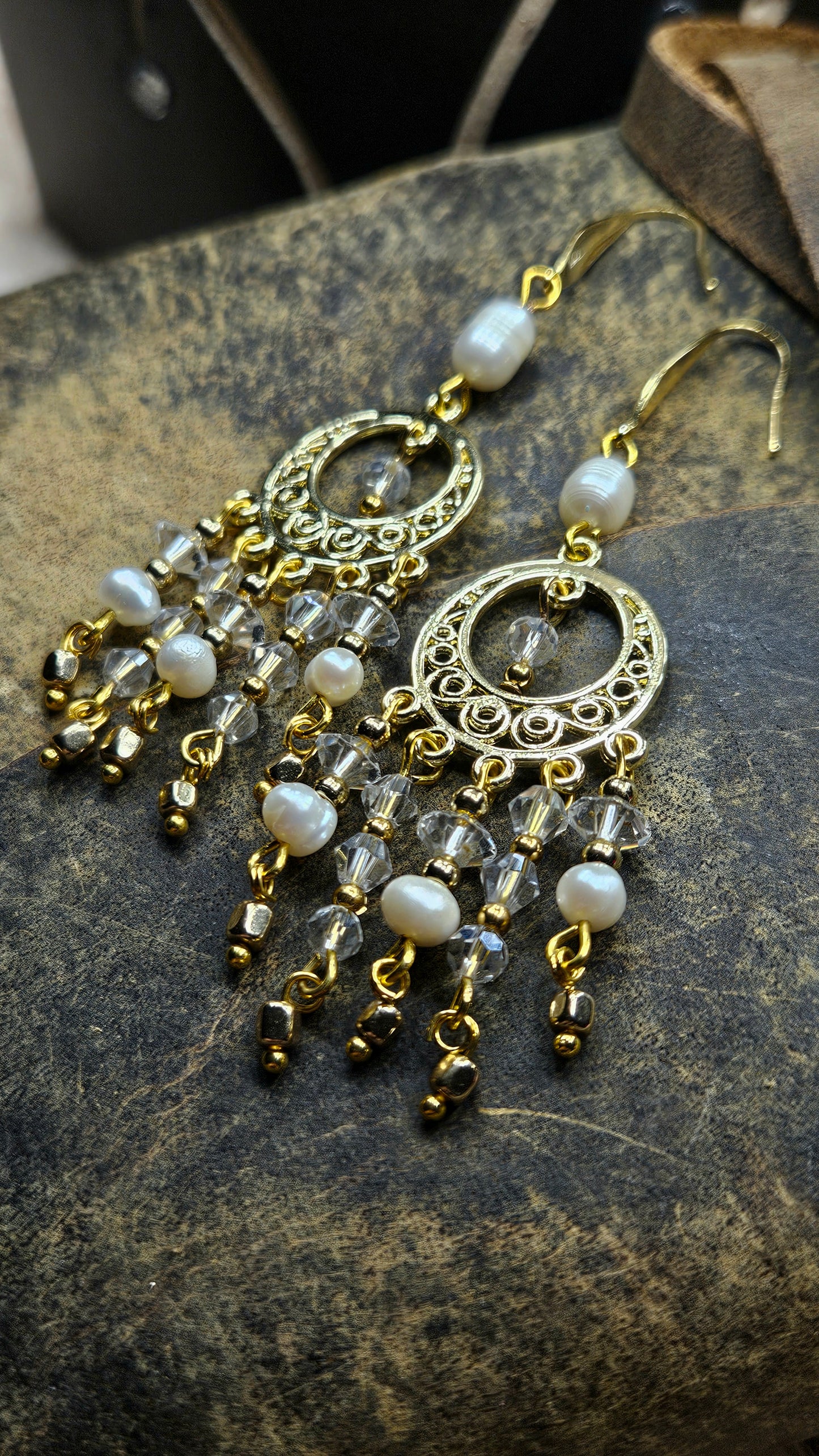Gold Bollywood Pearls & Crystal Chandelier Dangle Earrings