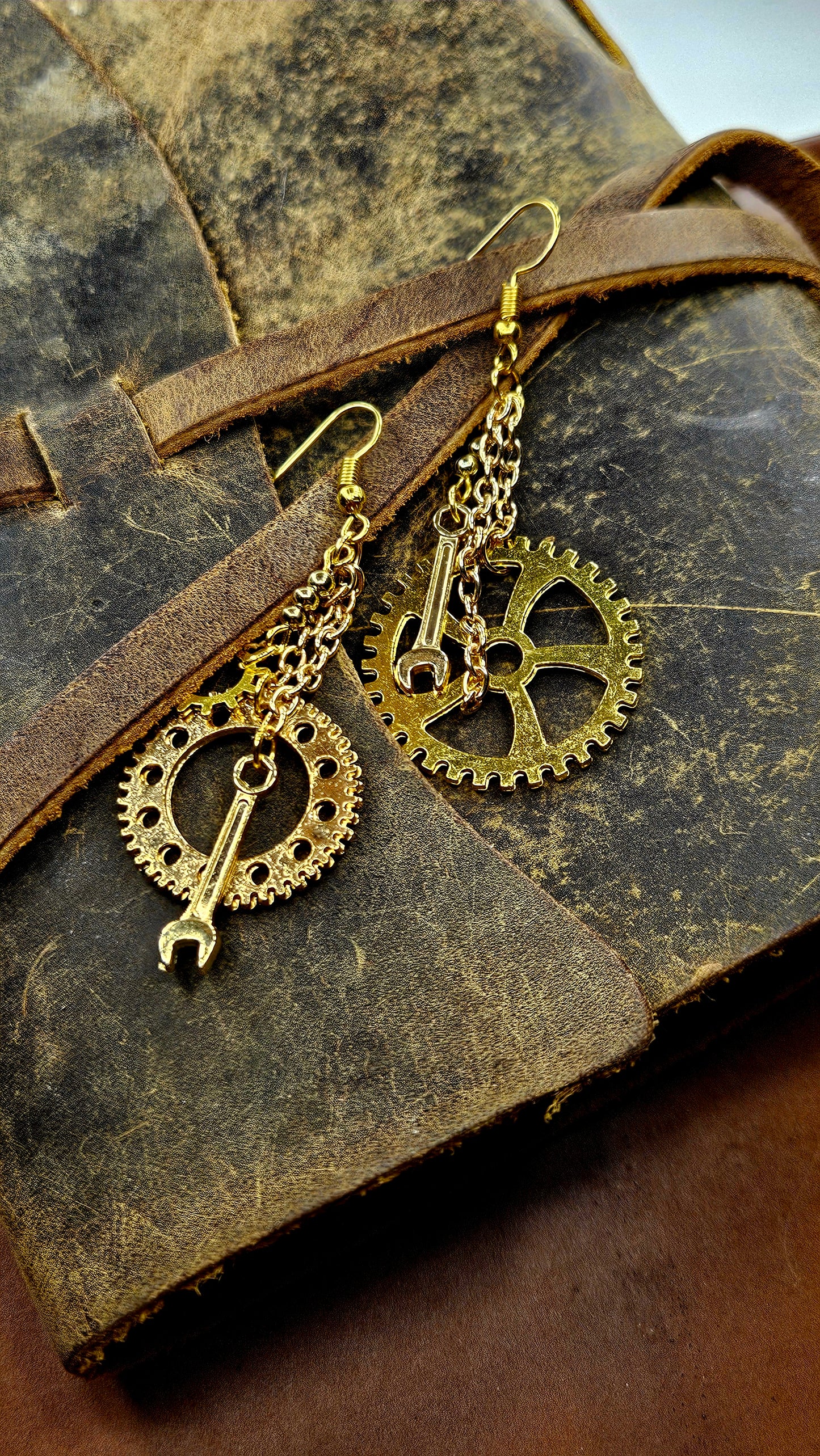 Gold Cogs and Wrenches Chain Steampunk Dangle Earrings