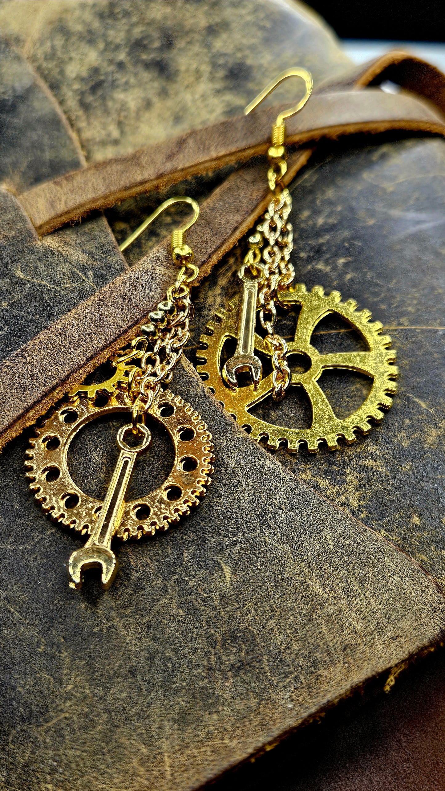 Gold Cogs and Wrenches Chain Steampunk Dangle Earrings