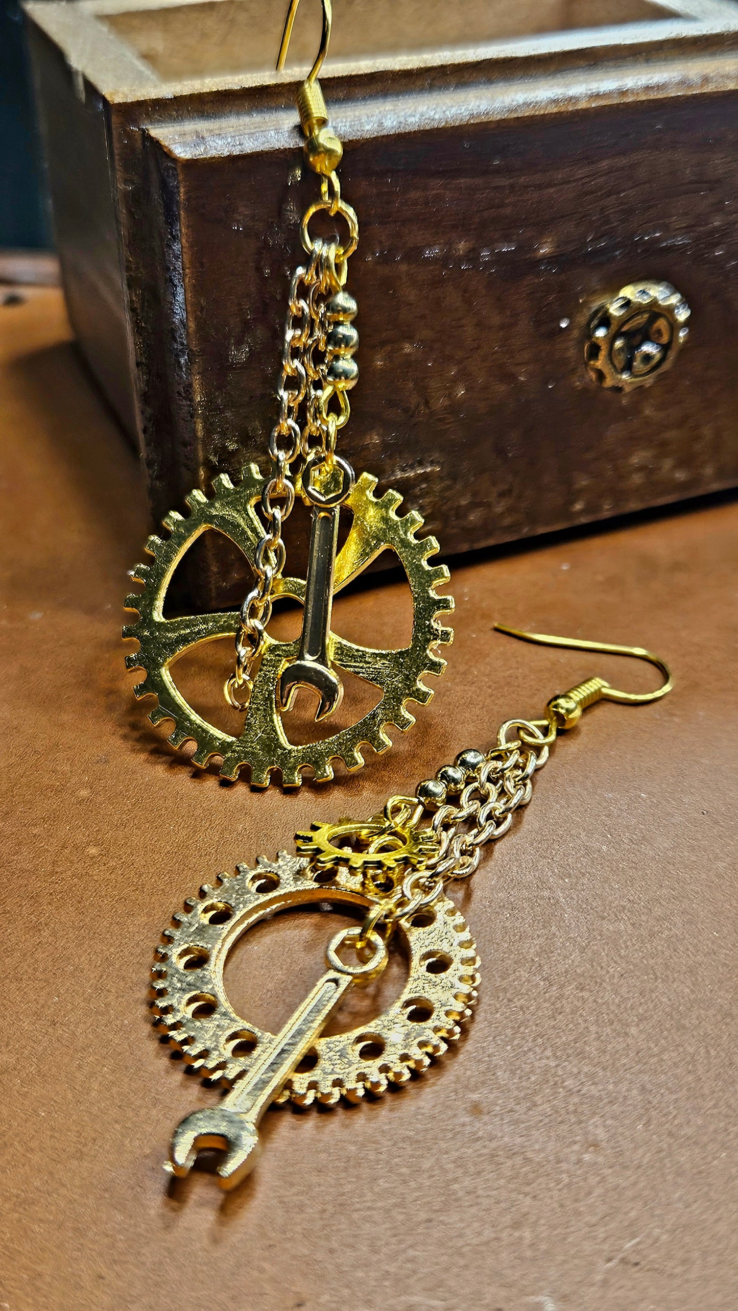 Gold Cogs and Wrenches Chain Steampunk Dangle Earrings