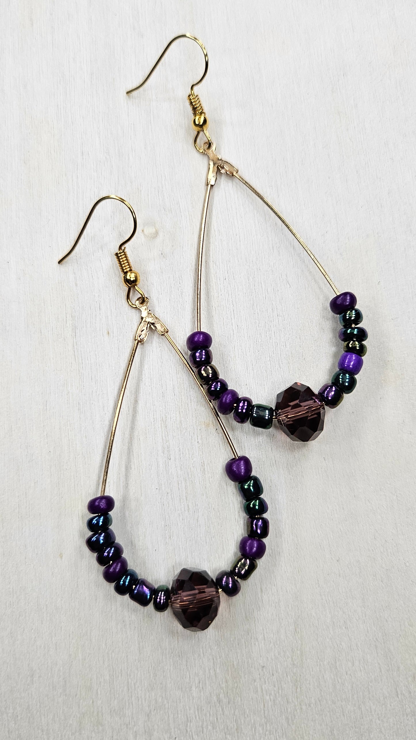 Gold & Dark Purple Beaded Teardrop Hoop Earrings