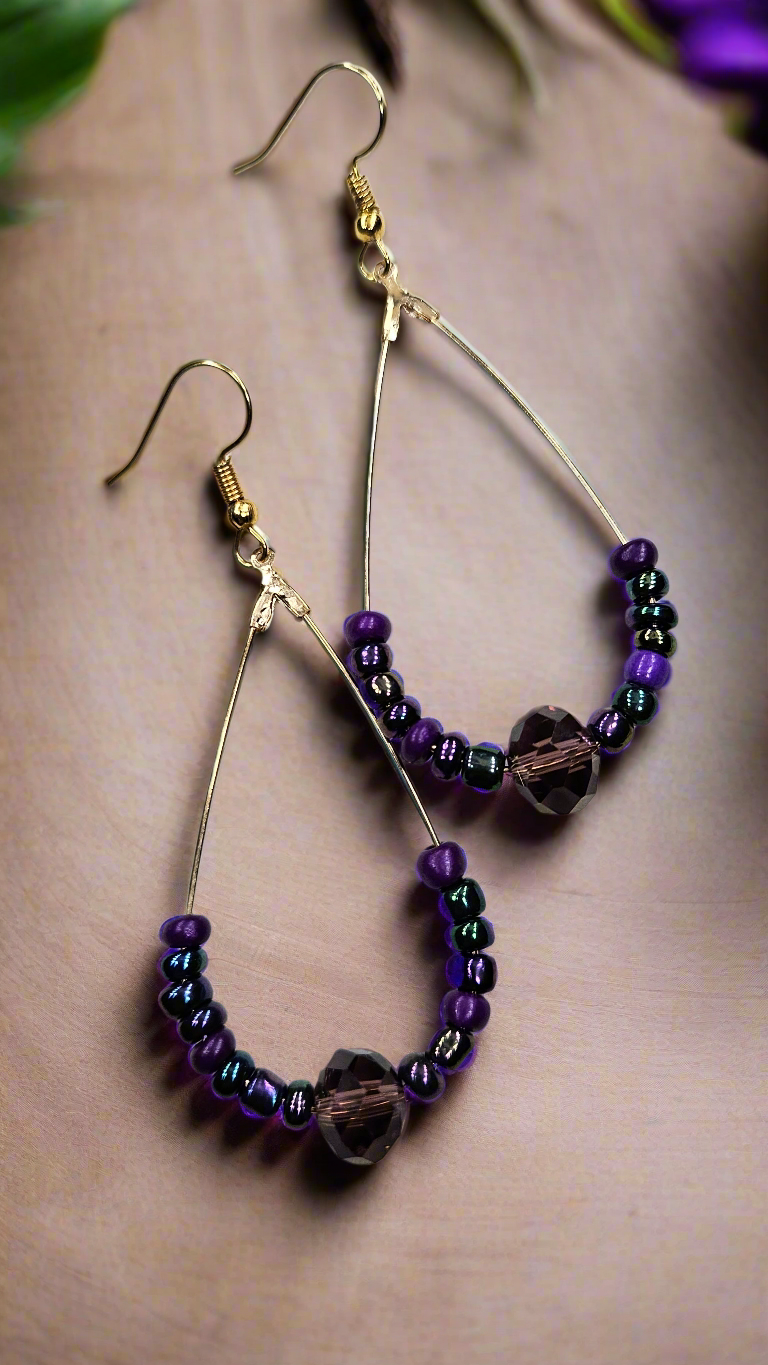 Gold & Dark Purple Beaded Teardrop Hoop Earrings