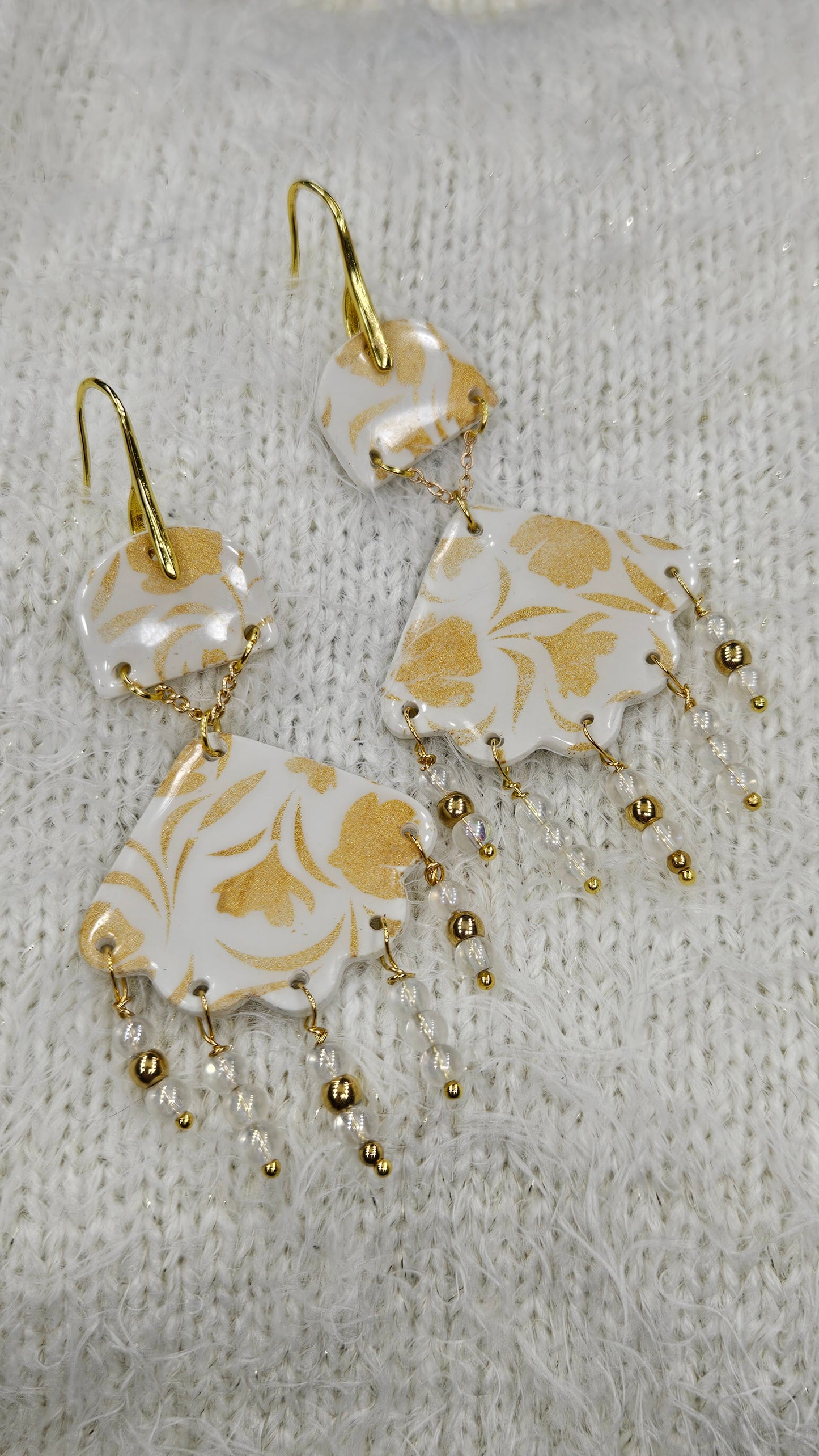 Gold Floral Print Beaded Clay Dangle Earrings