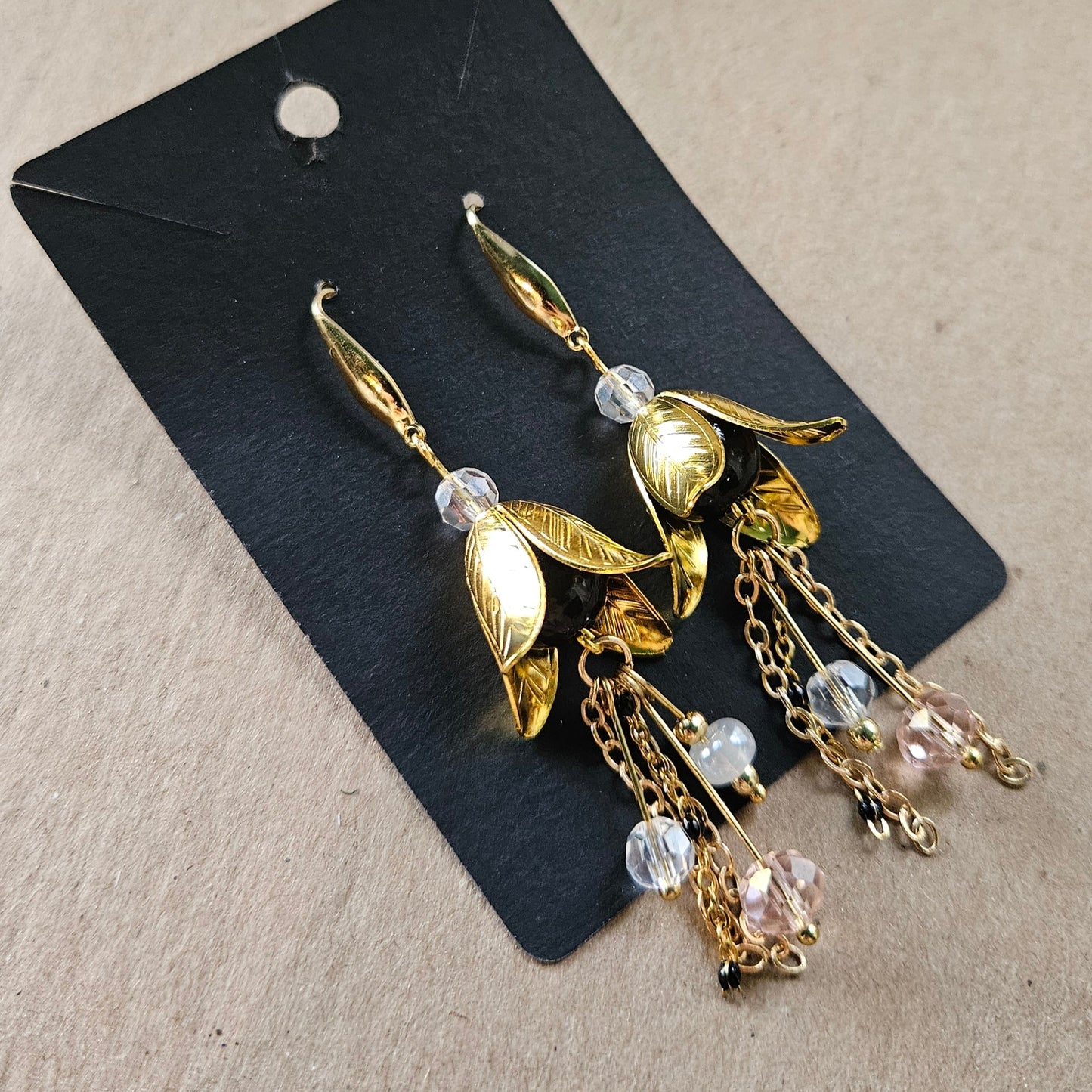 Golden Leaf Bell Dangle Earrings with Crystal Drops & Chain
