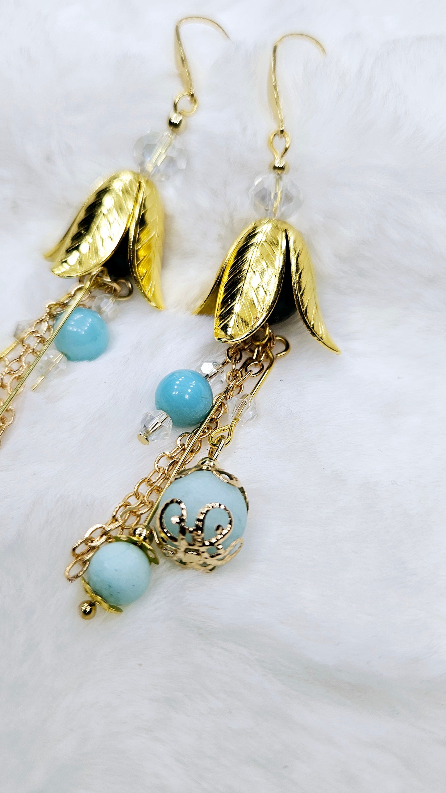 Golden Bellflower & Light Blue Cluster Drop-Dangle Earrings