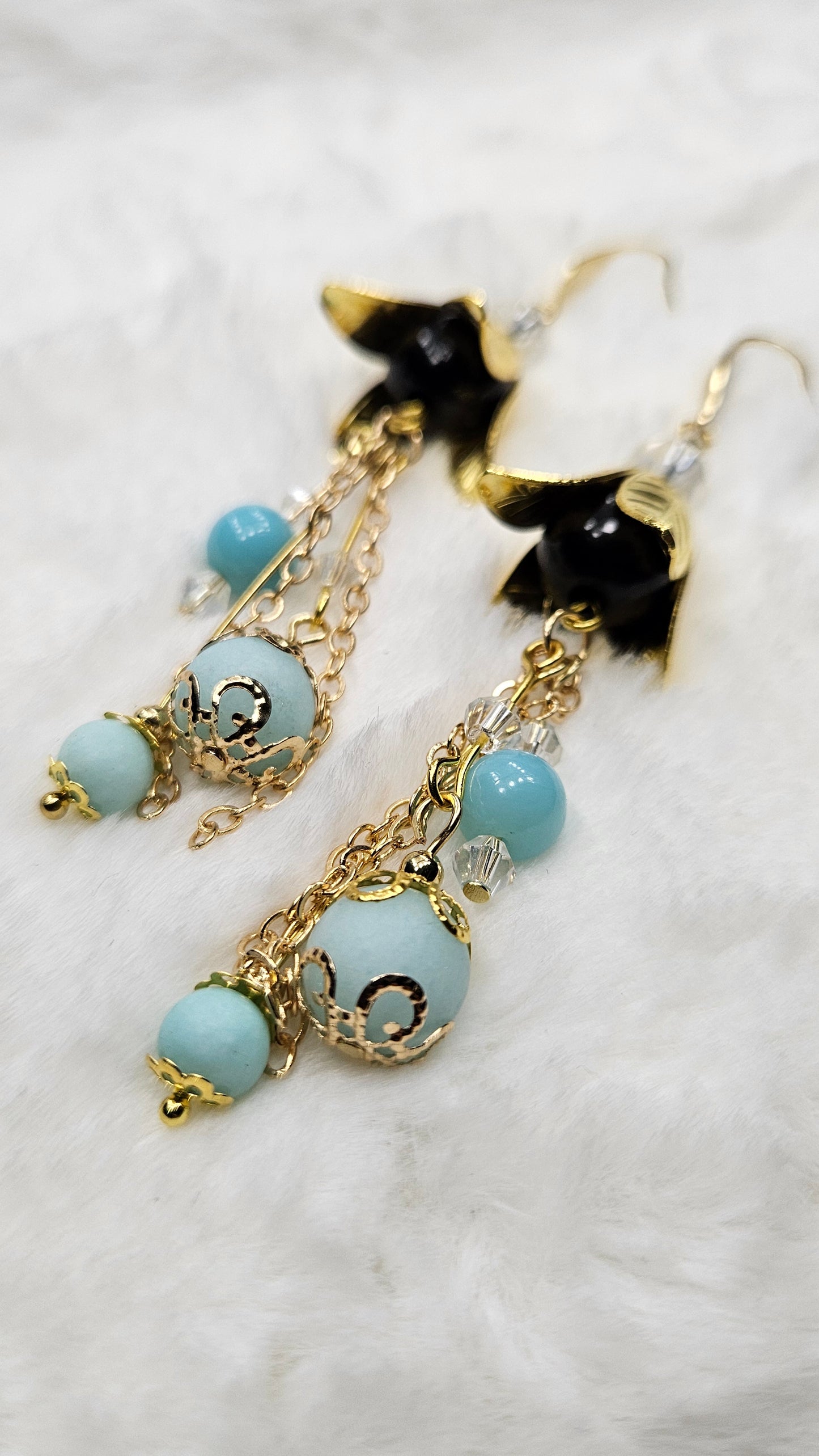 Golden Bellflower & Light Blue Cluster Drop-Dangle Earrings