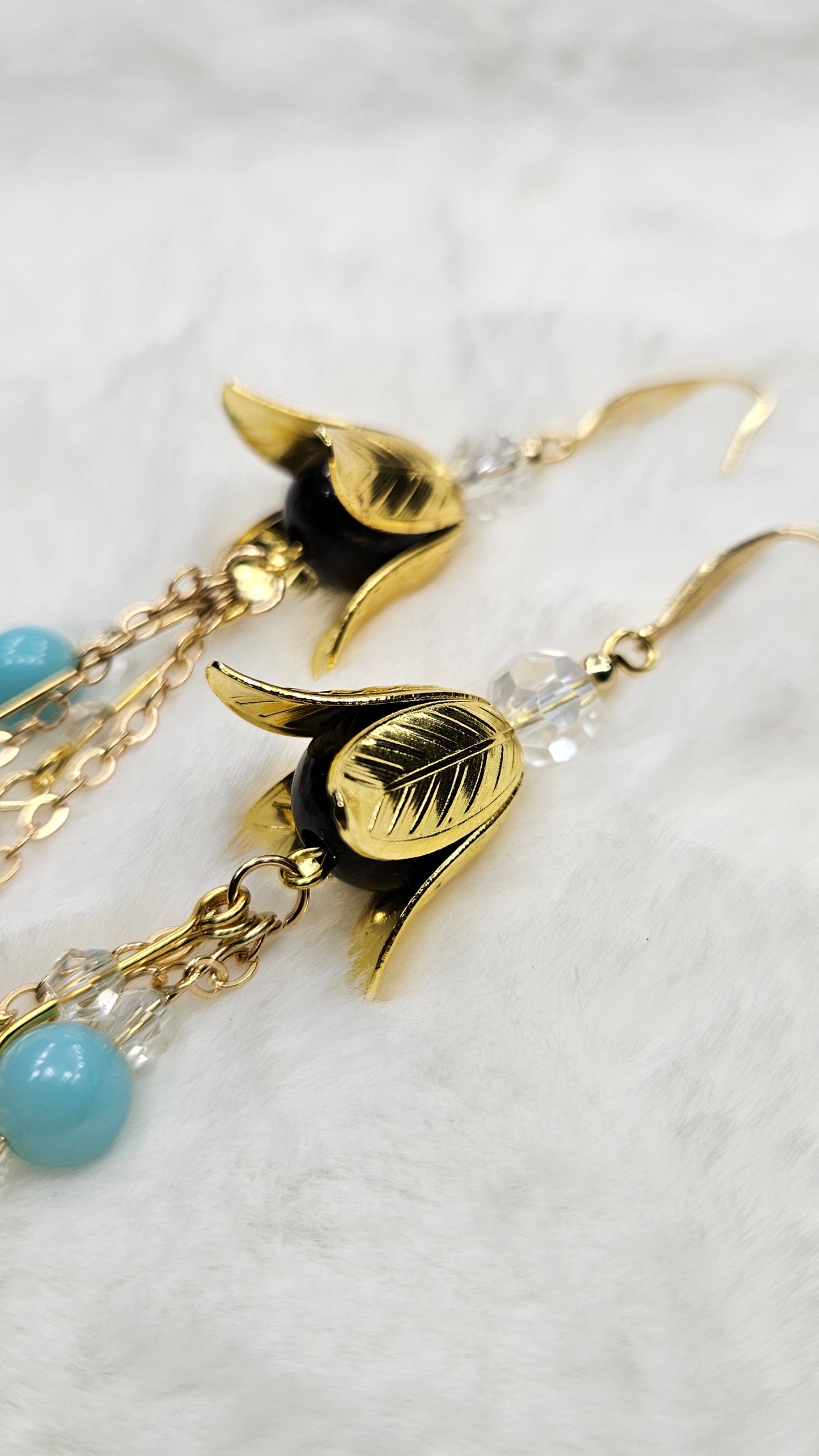 Golden Bellflower & Light Blue Cluster Drop-Dangle Earrings
