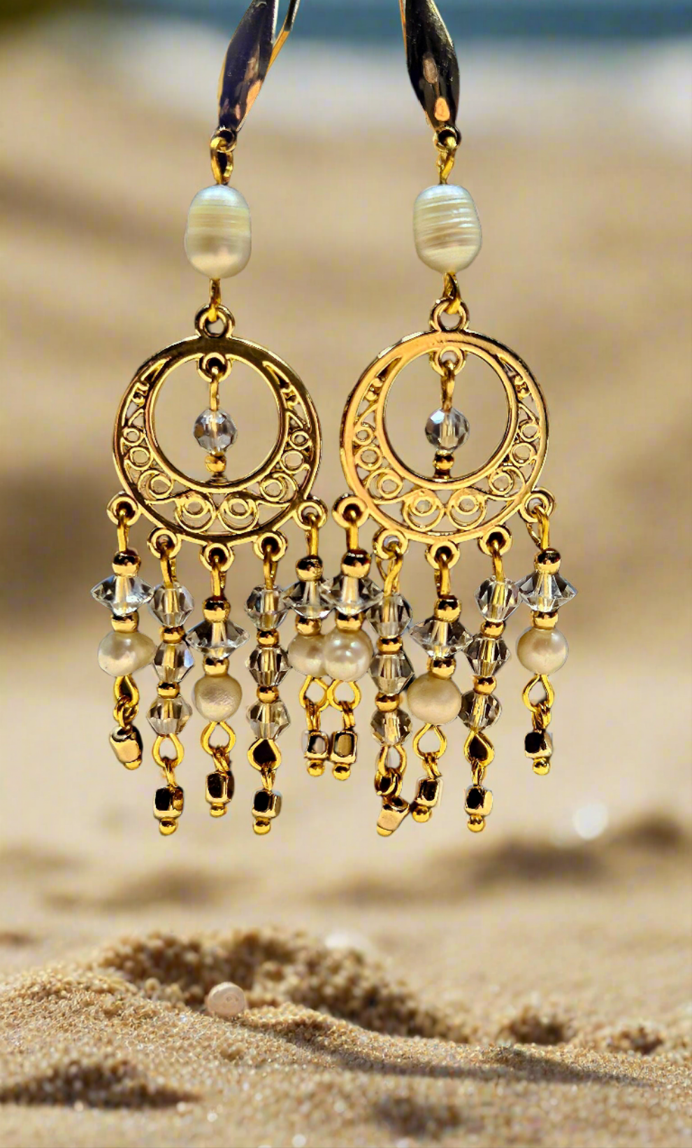 Gold Boho Chandelier Earrings with White Freshwater Pearls & Crystal Dangles - 3½"