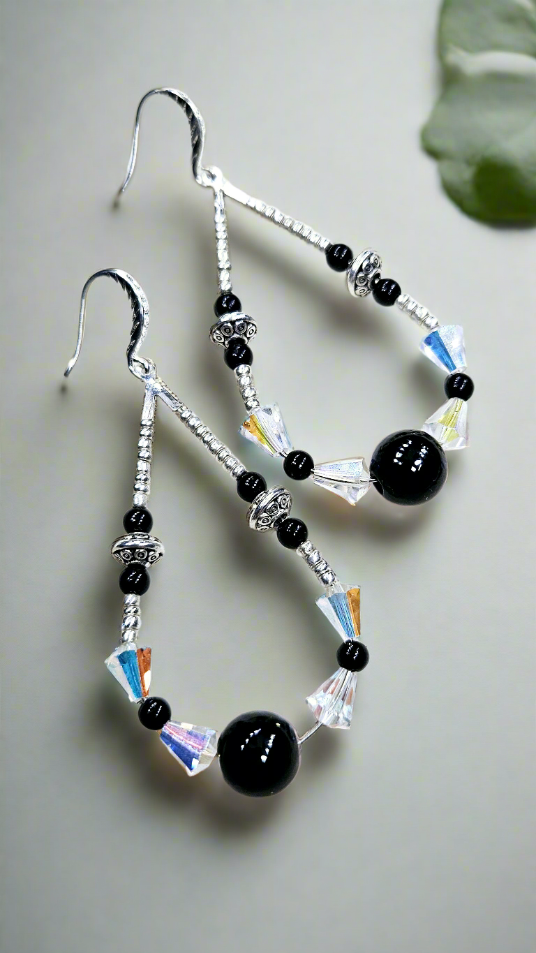 Iridescent Crystal & Black Beaded Teardrop Hoop Earrings