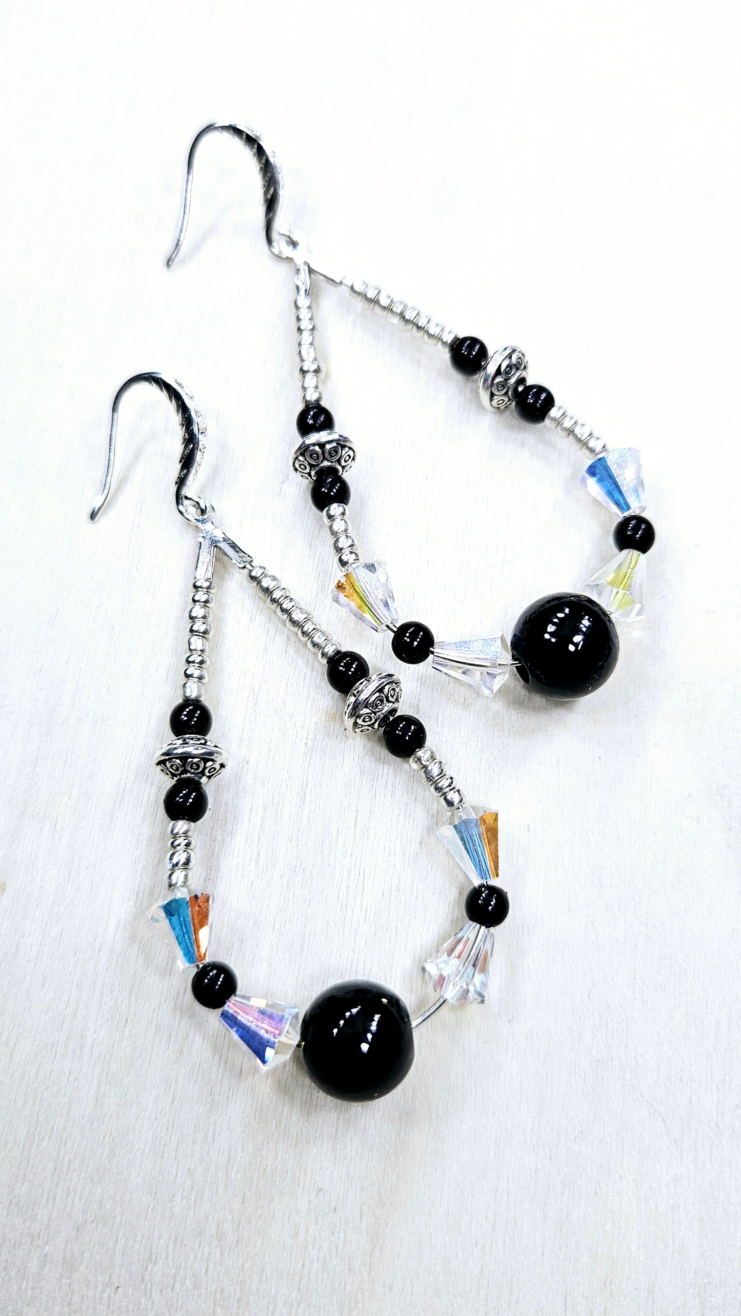 Iridescent Crystal & Black Beaded Teardrop Hoop Earrings
