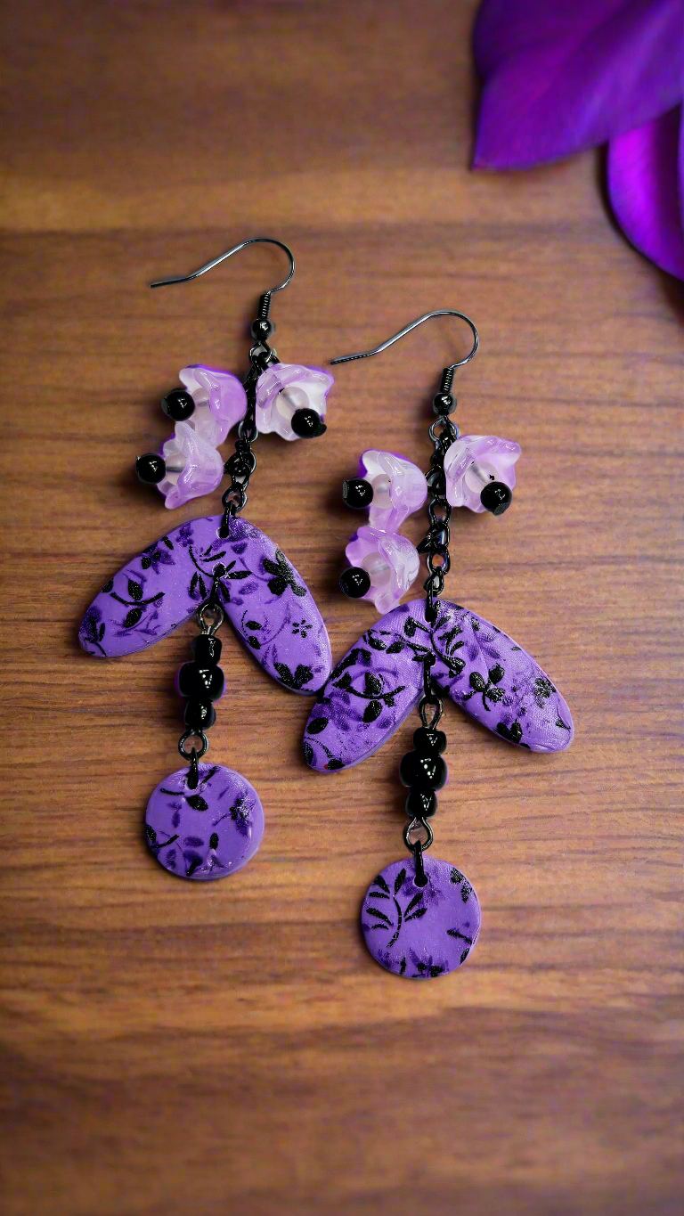Long Black Floral Clay & Purple Bellflower Chain Earrings