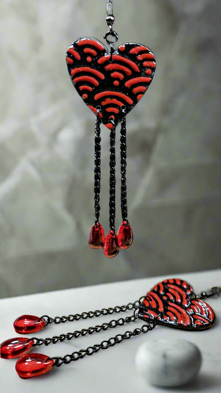 Long Red & Black Clay Heart, Chain & Blood Drop Earrings