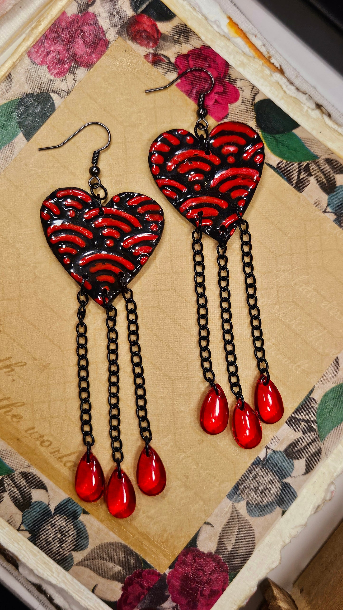 Long Red & Black Clay Heart, Chain & Blood Drop Earrings