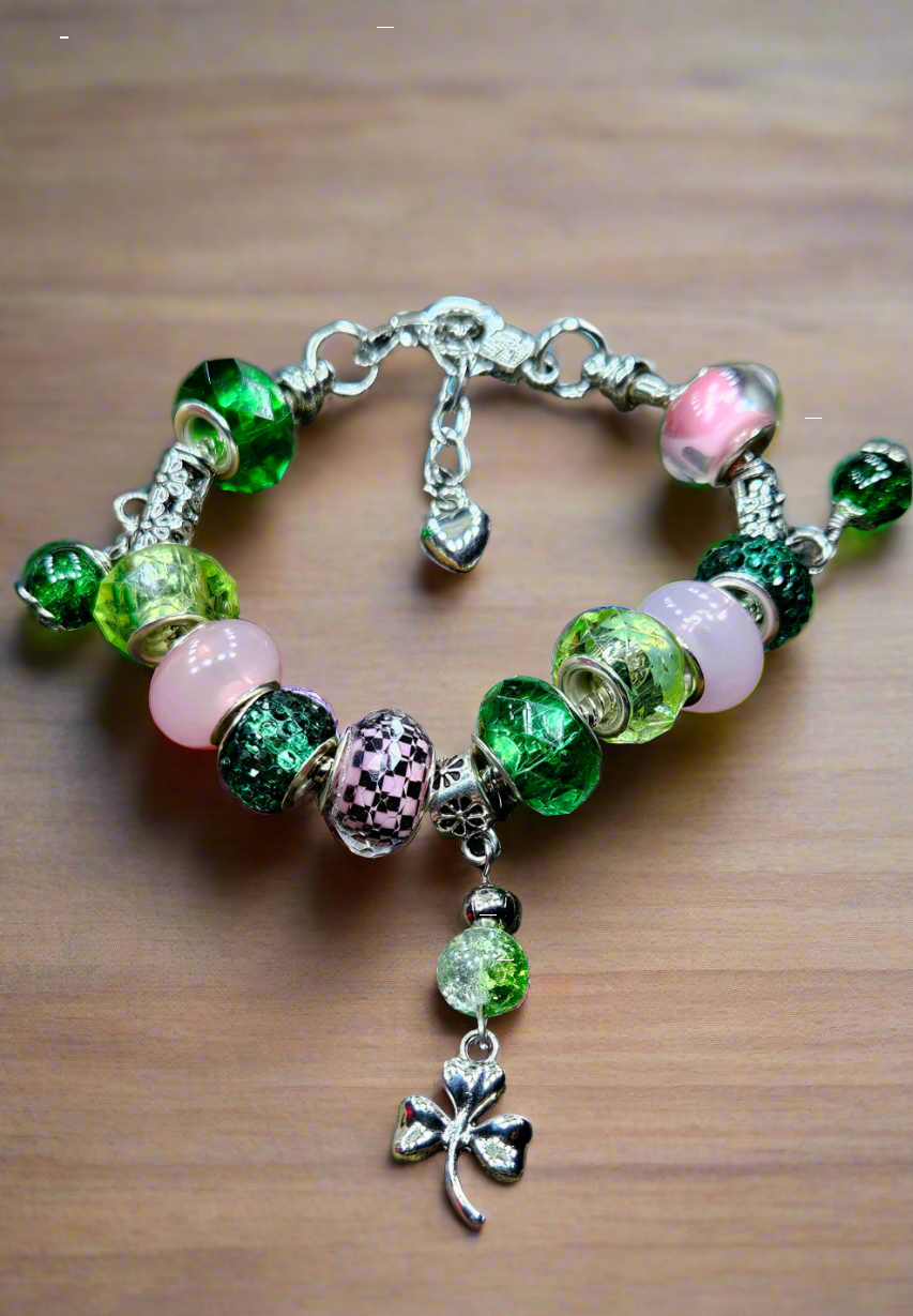 Lucky Pink & Green Clover Charm Bracelet