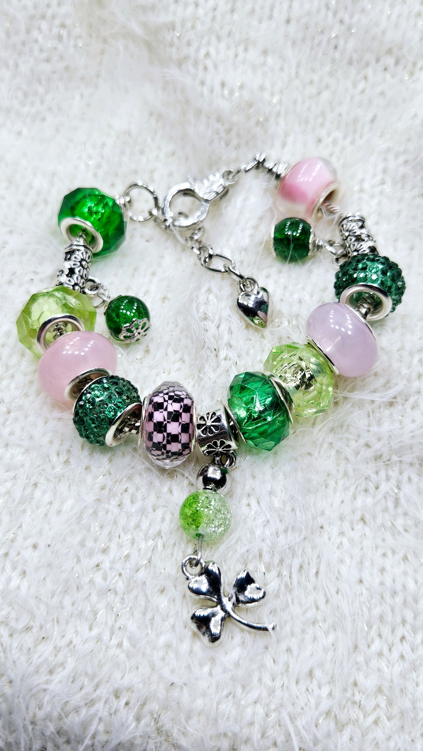 Lucky Pink & Green Clover Charm Bracelet