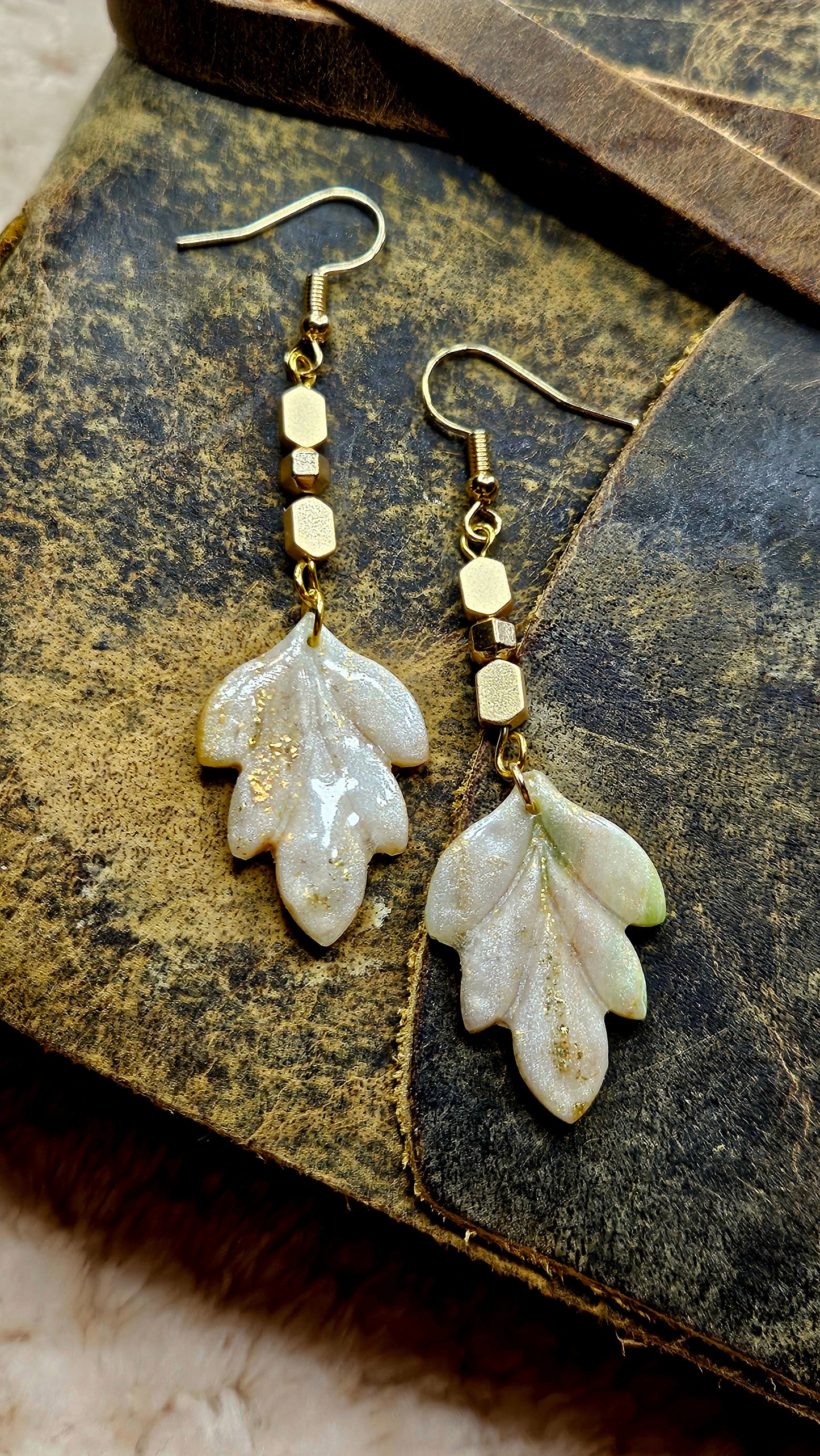 Marbled Gold Fleck Clay Leaf Earrings