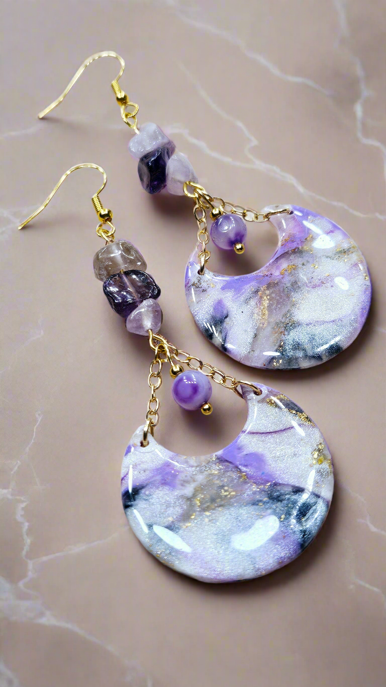 Marbled Purple Clay & Gold Chain Dangle Earrings