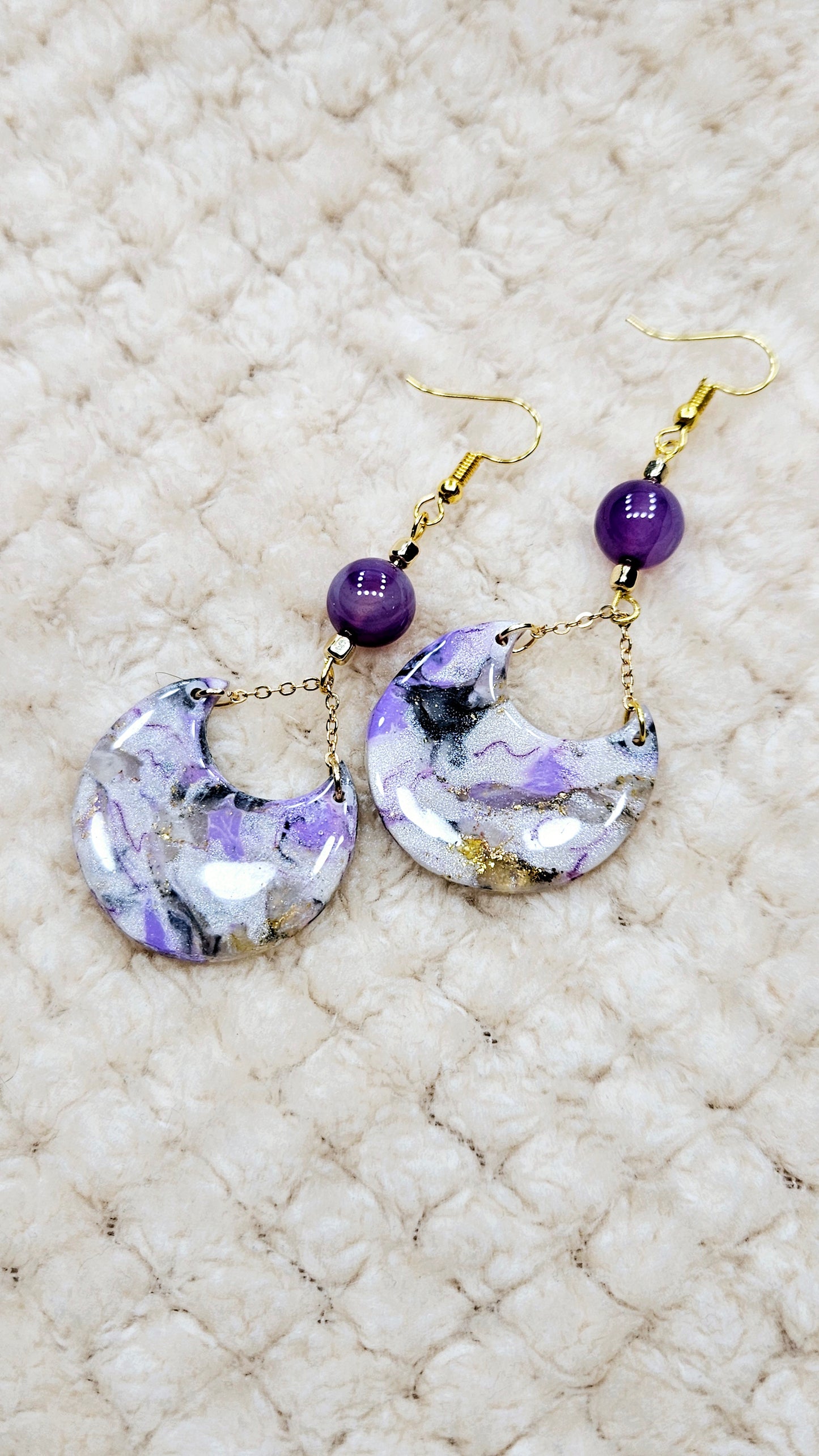 Marbled Purple Clay & Gold Chain Dangle Earrings