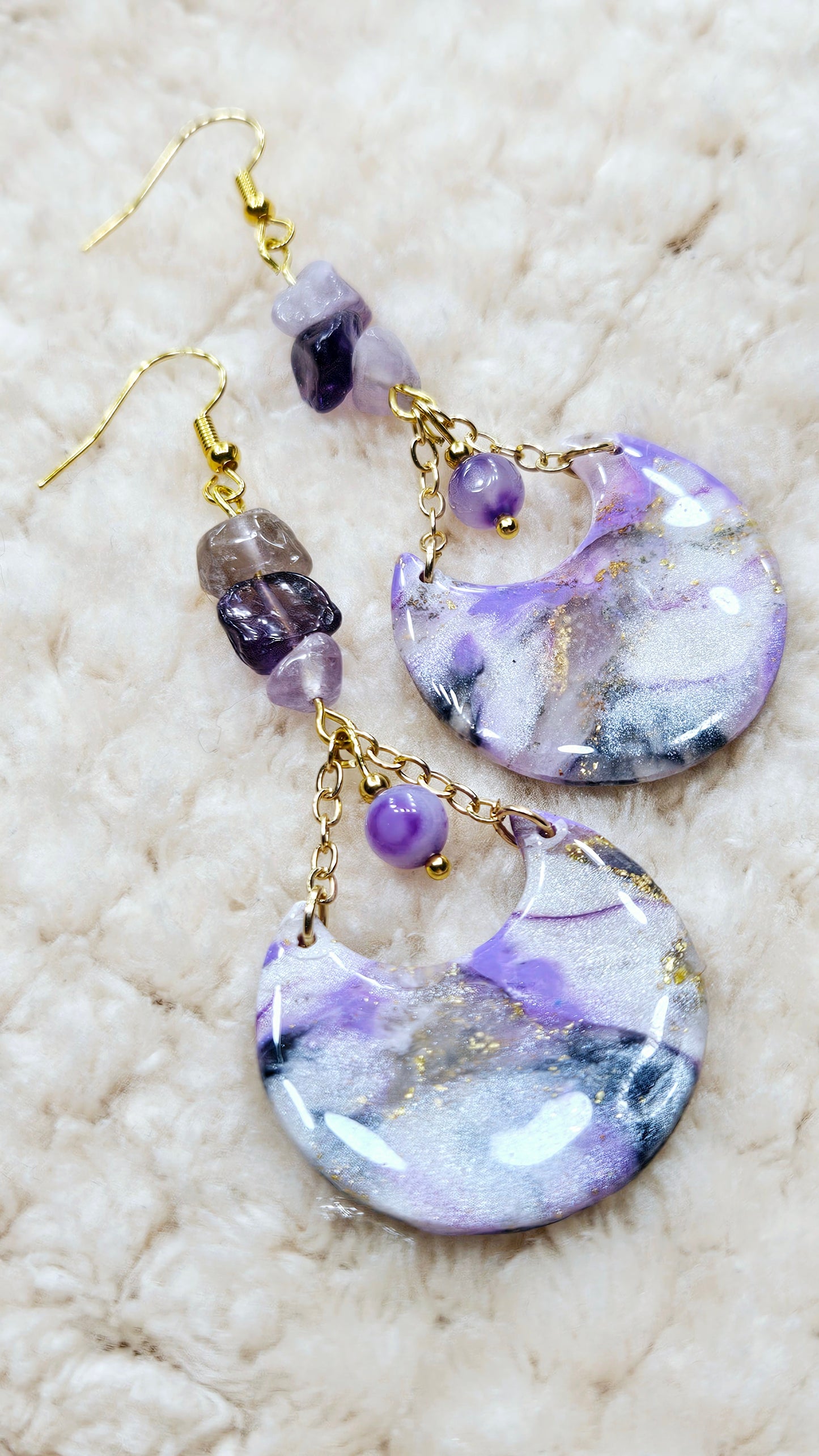 Marbled Purple Clay & Gold Chain Dangle Earrings