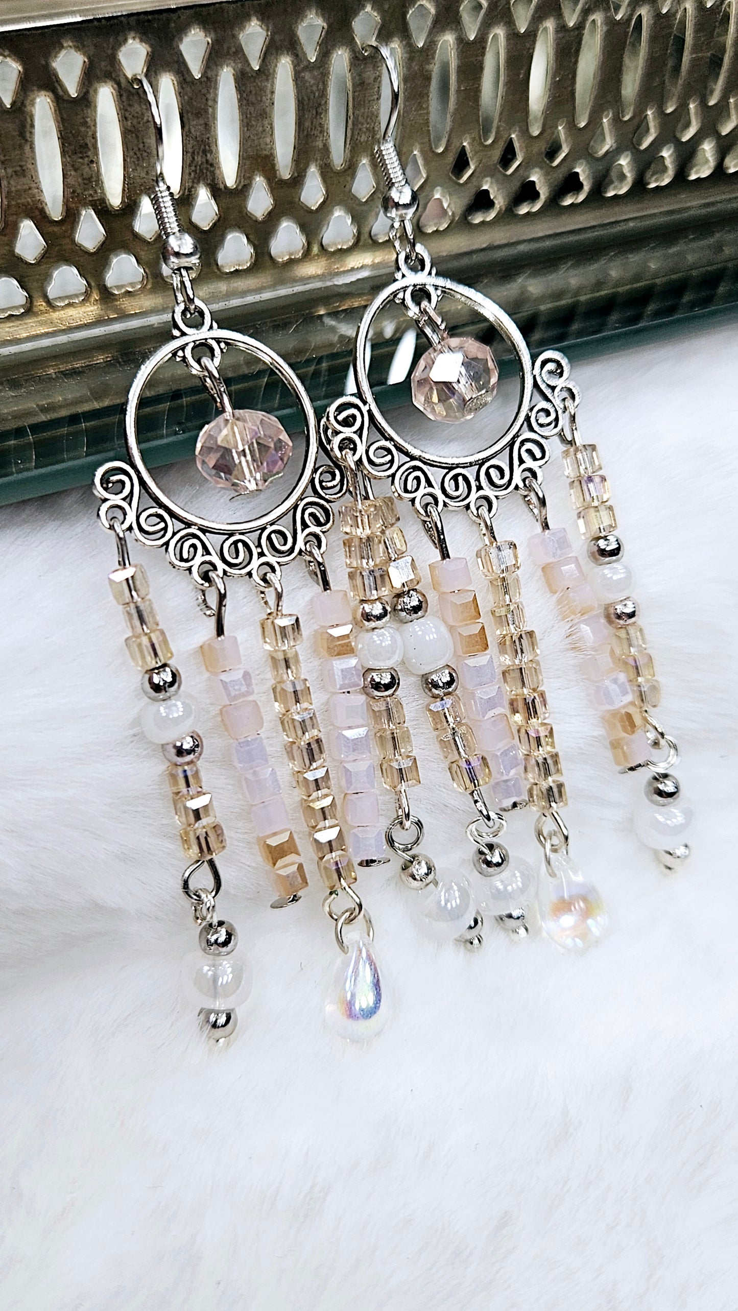 Pale Pink & Swirling Silver Chandelier Earrings