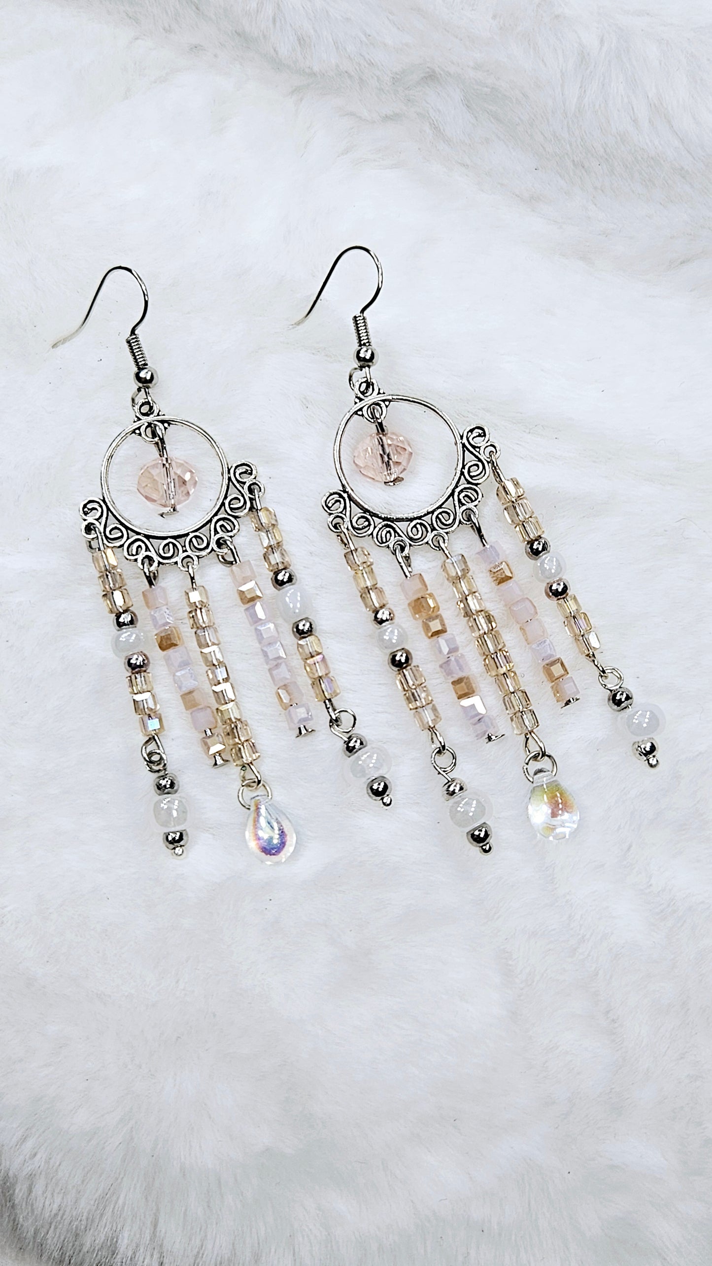 Pale Pink & Swirling Silver Chandelier Earrings