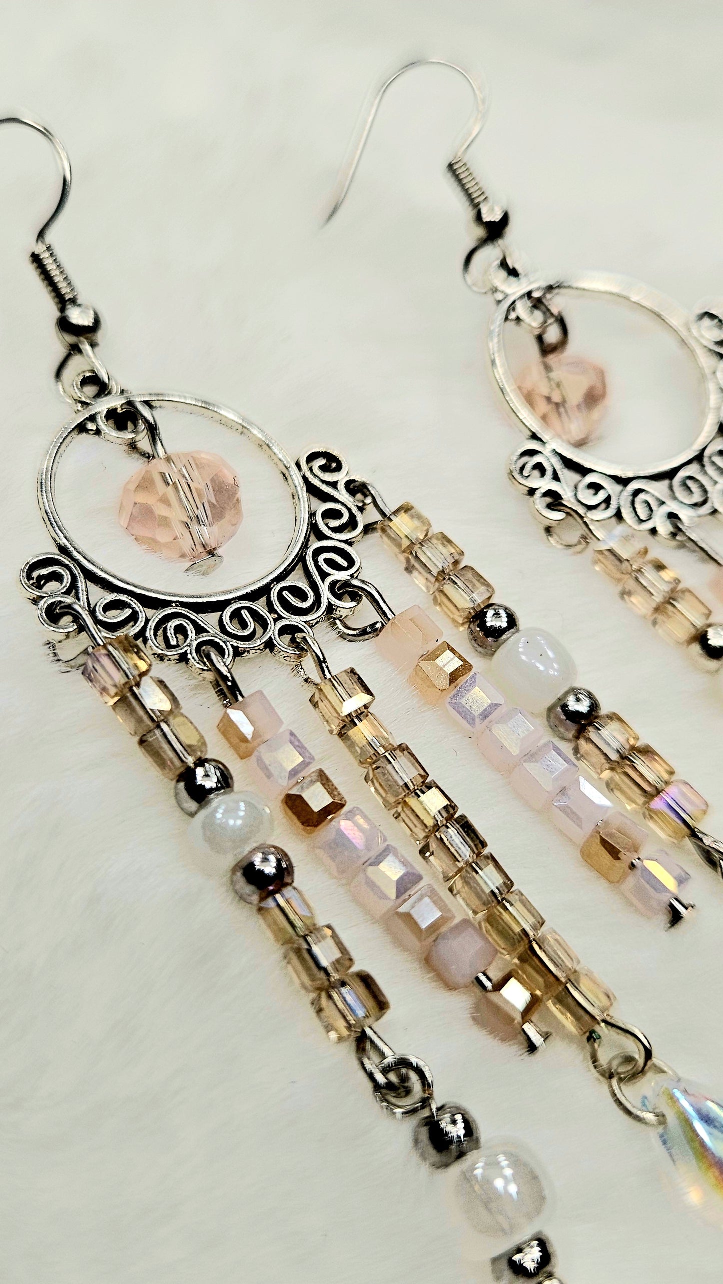 Pale Pink & Swirling Silver Chandelier Earrings