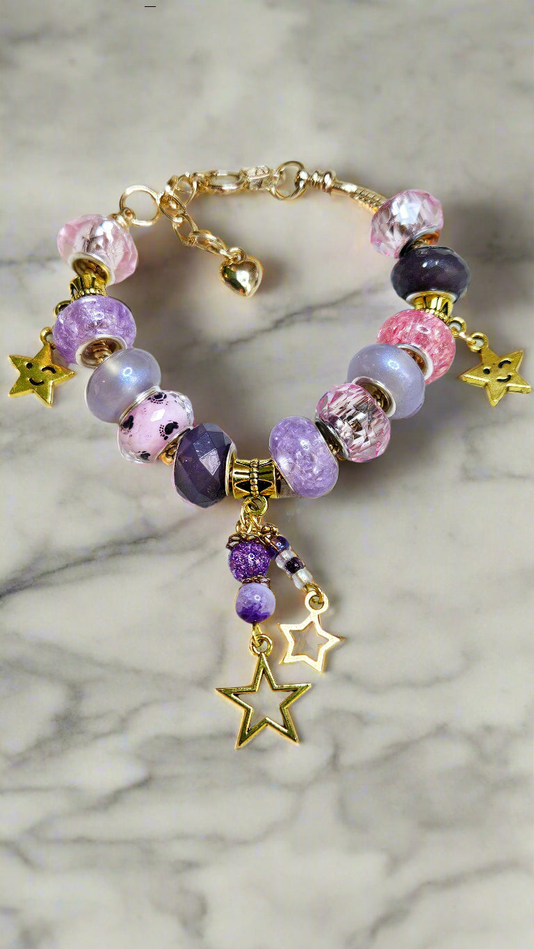 Pastel Pink, Purple & Gold Stars Charm Bracelet