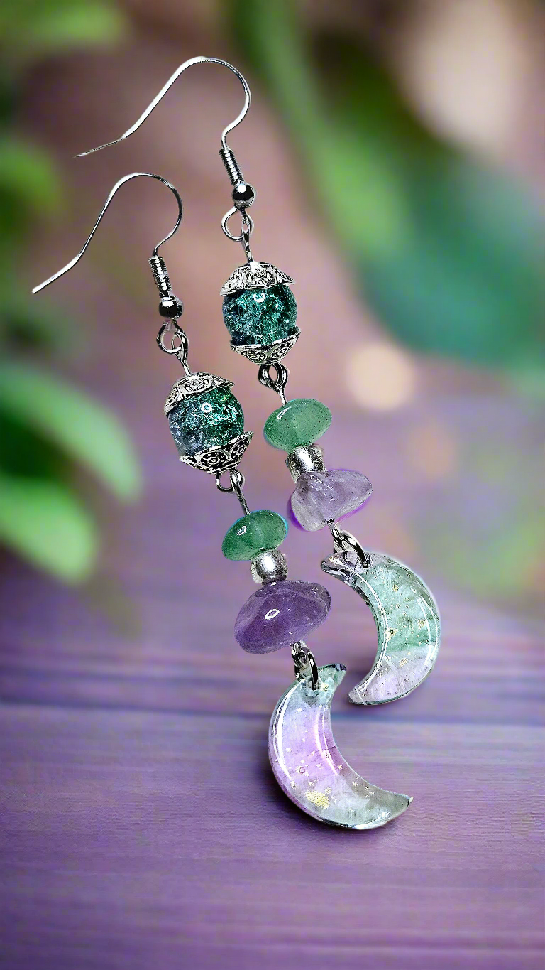 Peaceful Purple & Jade Moon Earrings