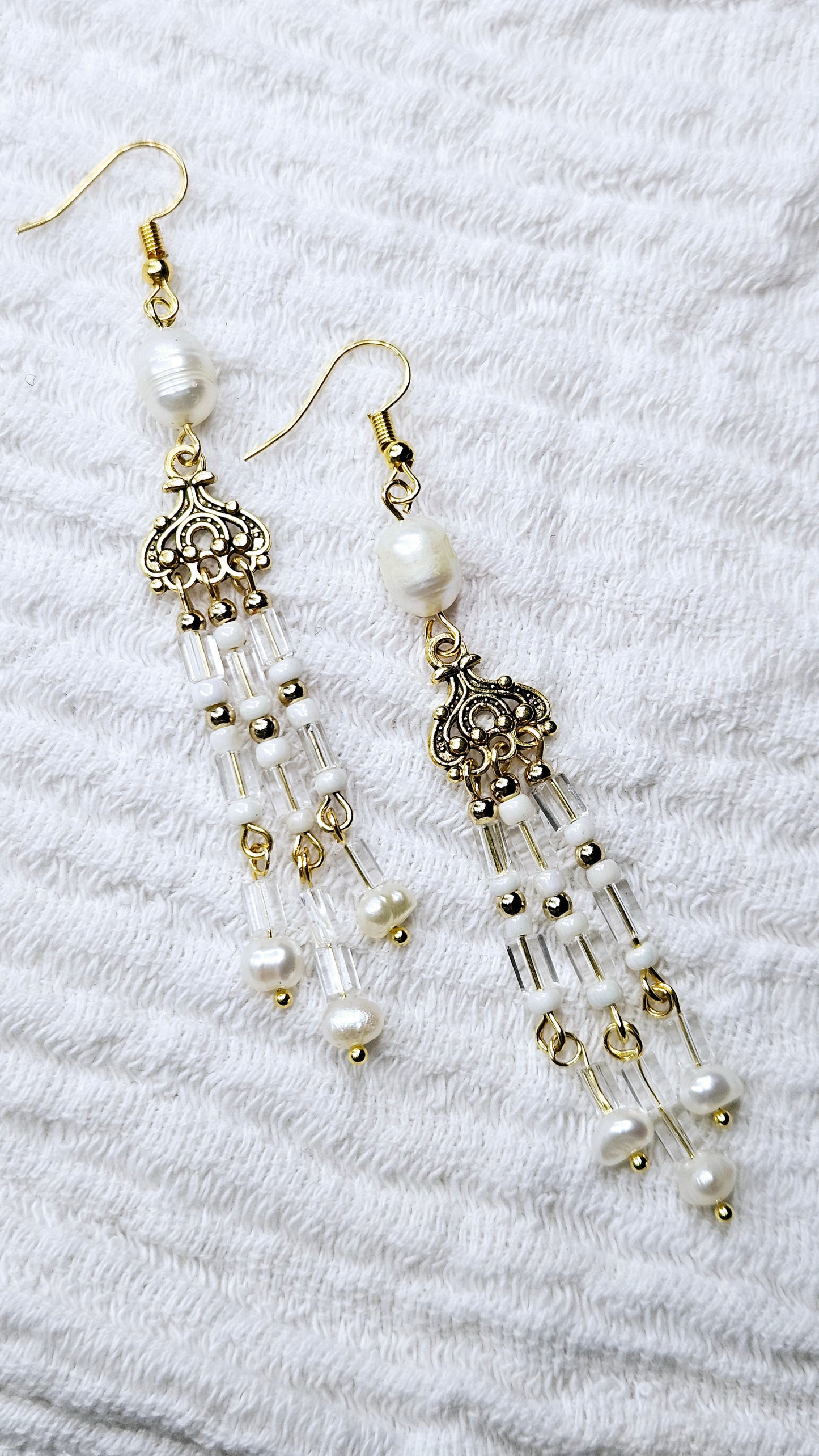 Pretty Pearls & Glass Gold Tassel Dangle Earrings