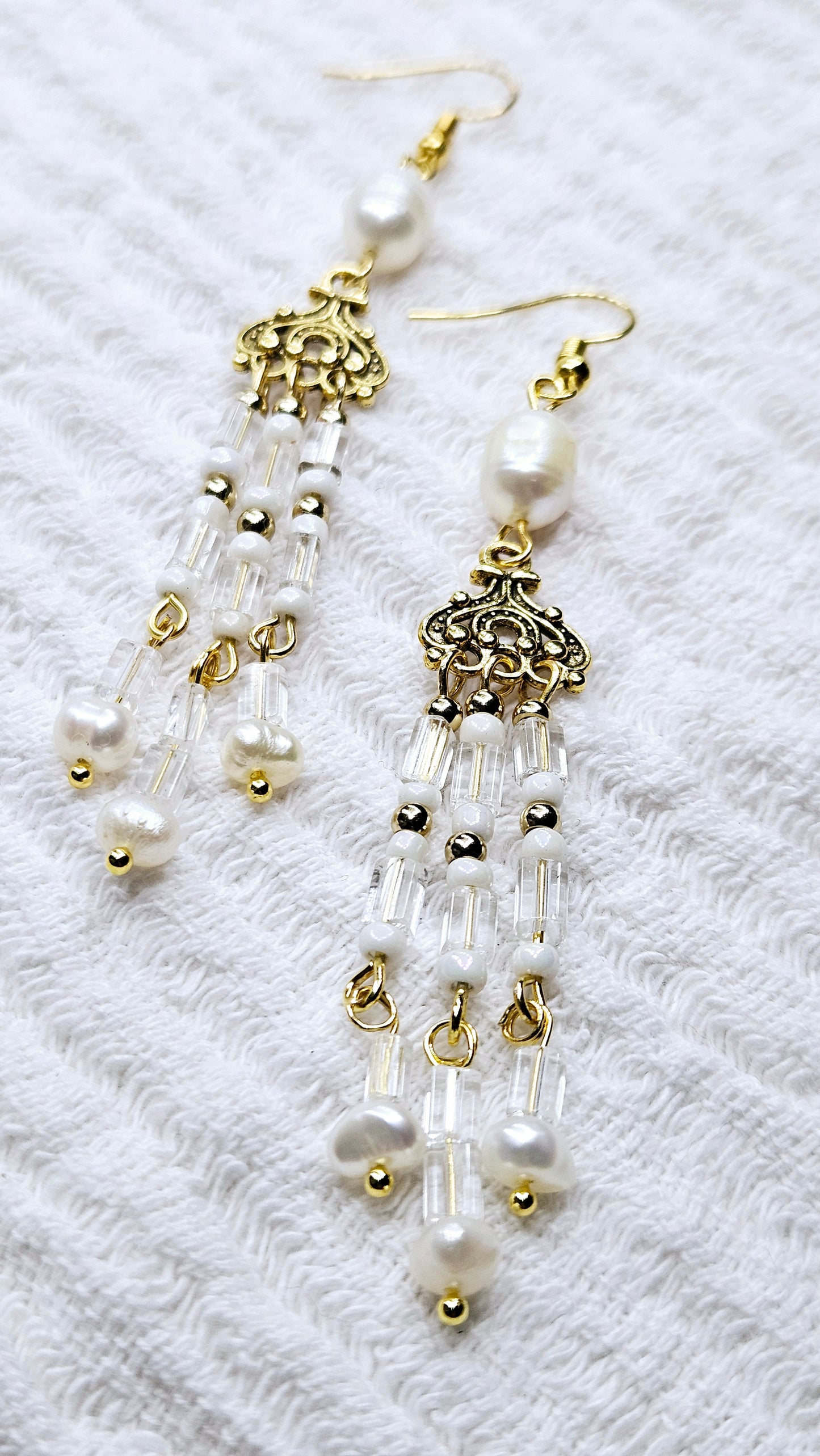 Pretty Pearls & Glass Gold Tassel Dangle Earrings