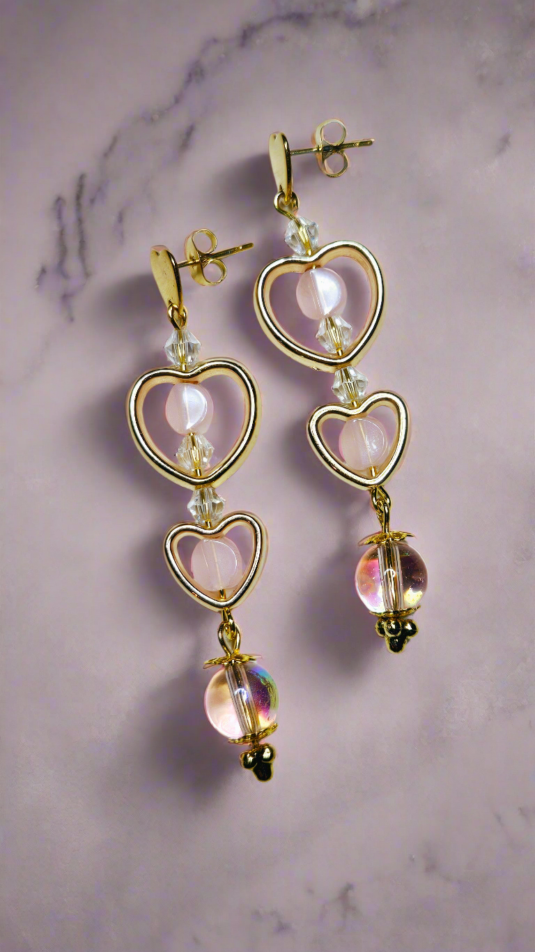 Pretty in Pink & Gold Heart Trio Stud Dangle Earrings