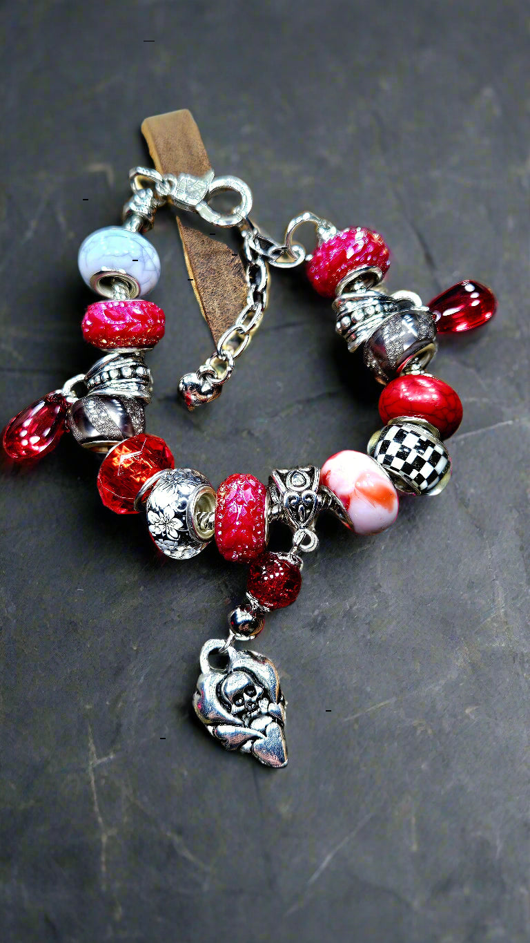 Ravishing Red & Silver Skull Charm Bracelet