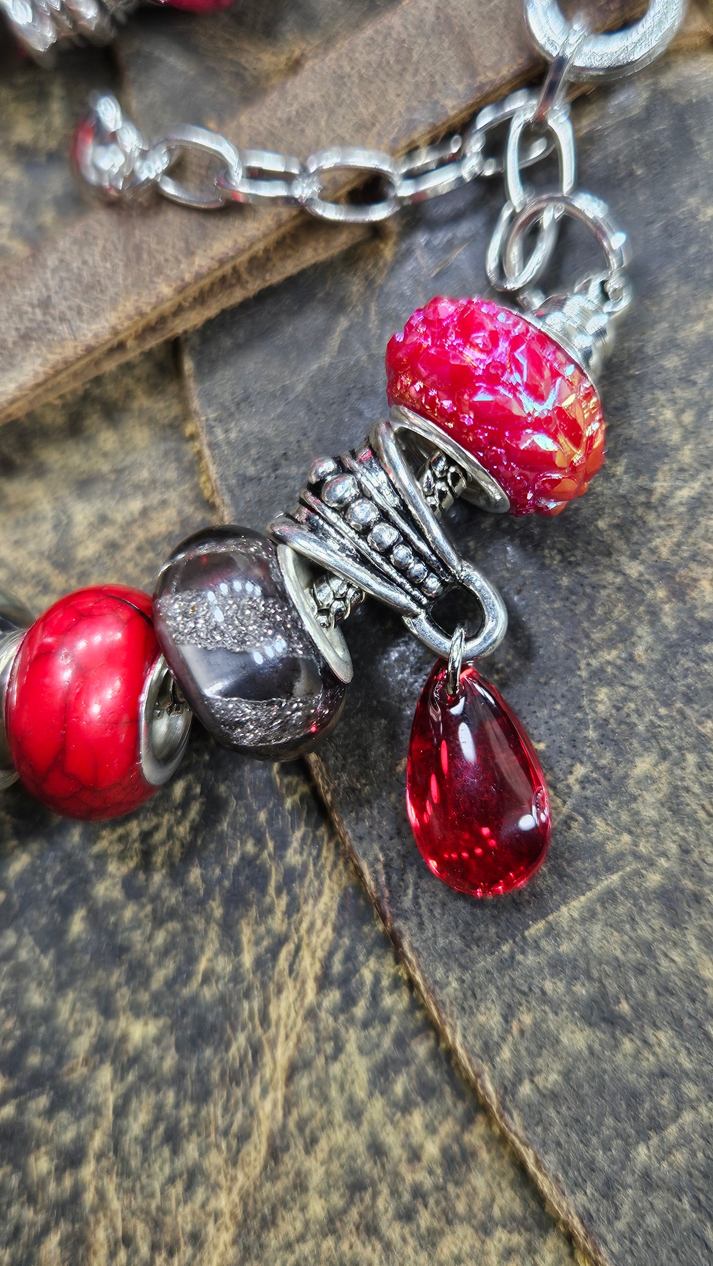 Ravishing Red & Silver Skull Charm Bracelet