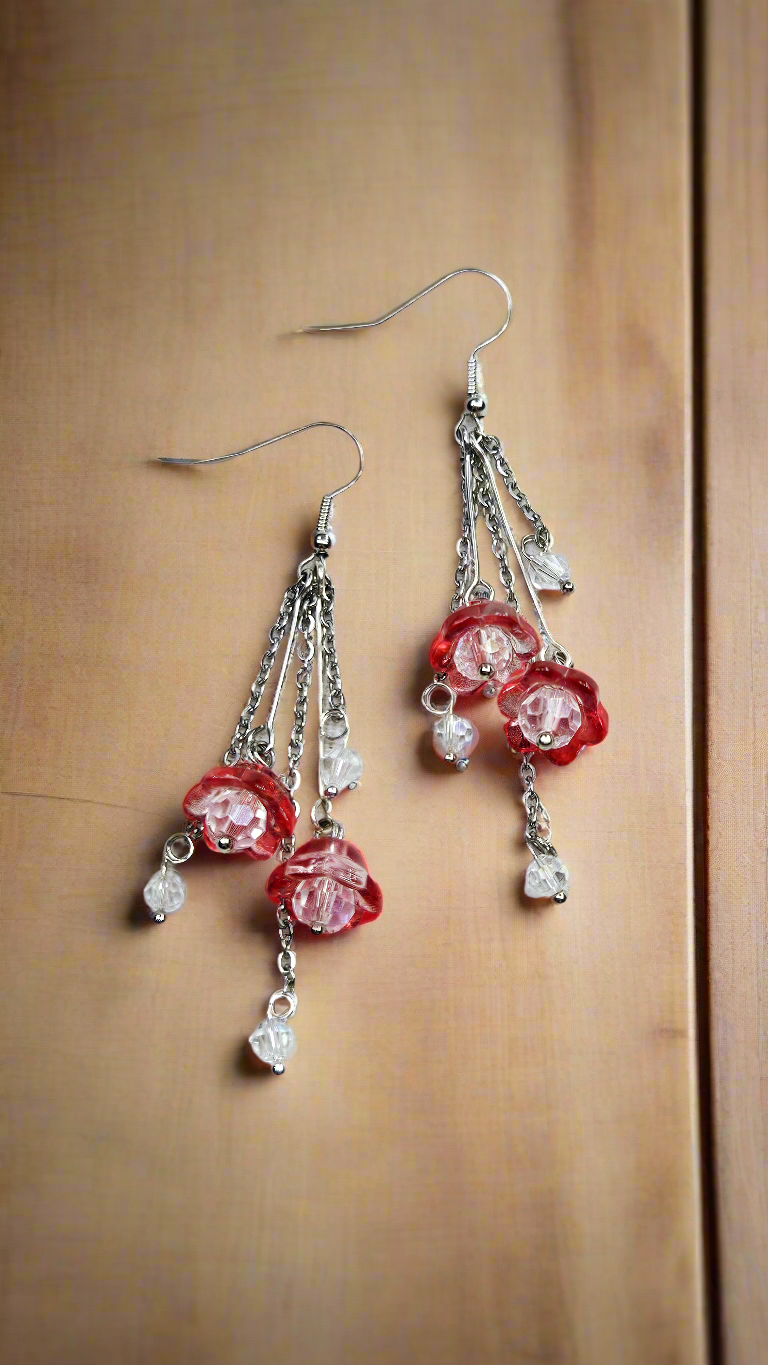 Red Drop Bell-flower & Silver Chain Dangle Earrings
