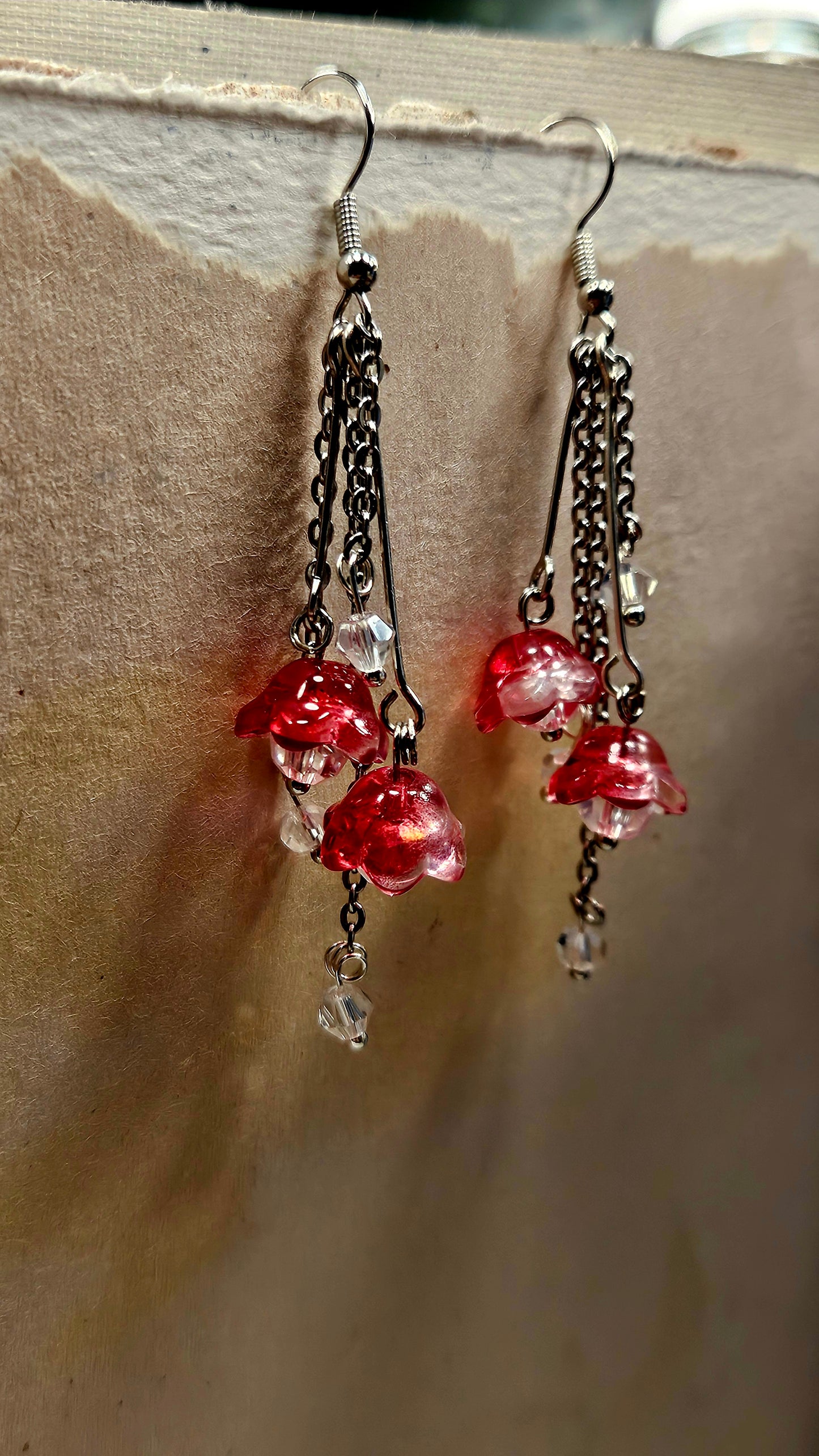 Red Drop Bell-flower & Silver Chain Dangle Earrings