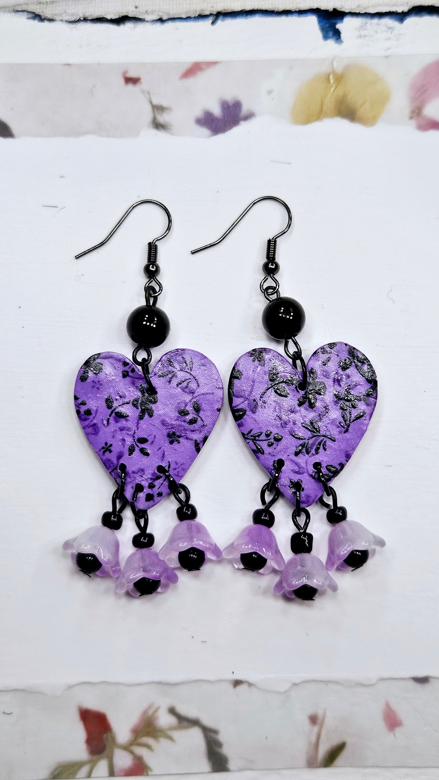 Short Black Floral Clay & Purple Bellflower Earrings