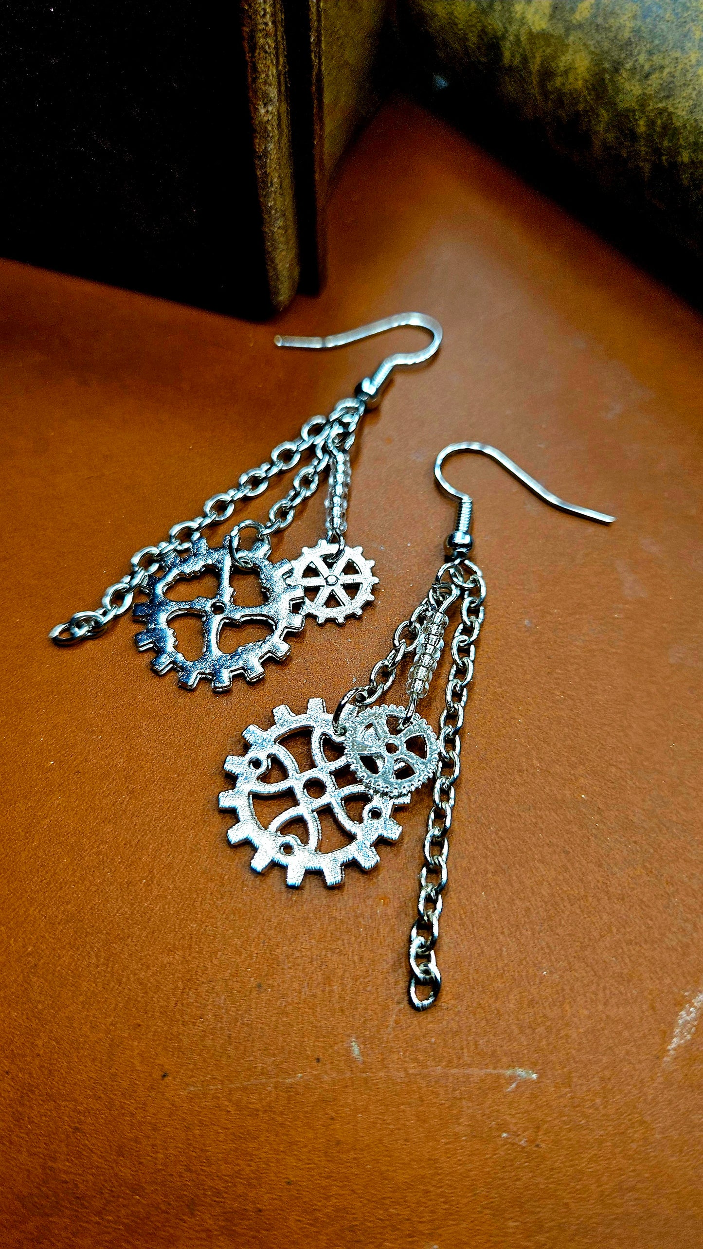 Silver Cogs and Chains Steampunk Dangle Earrings