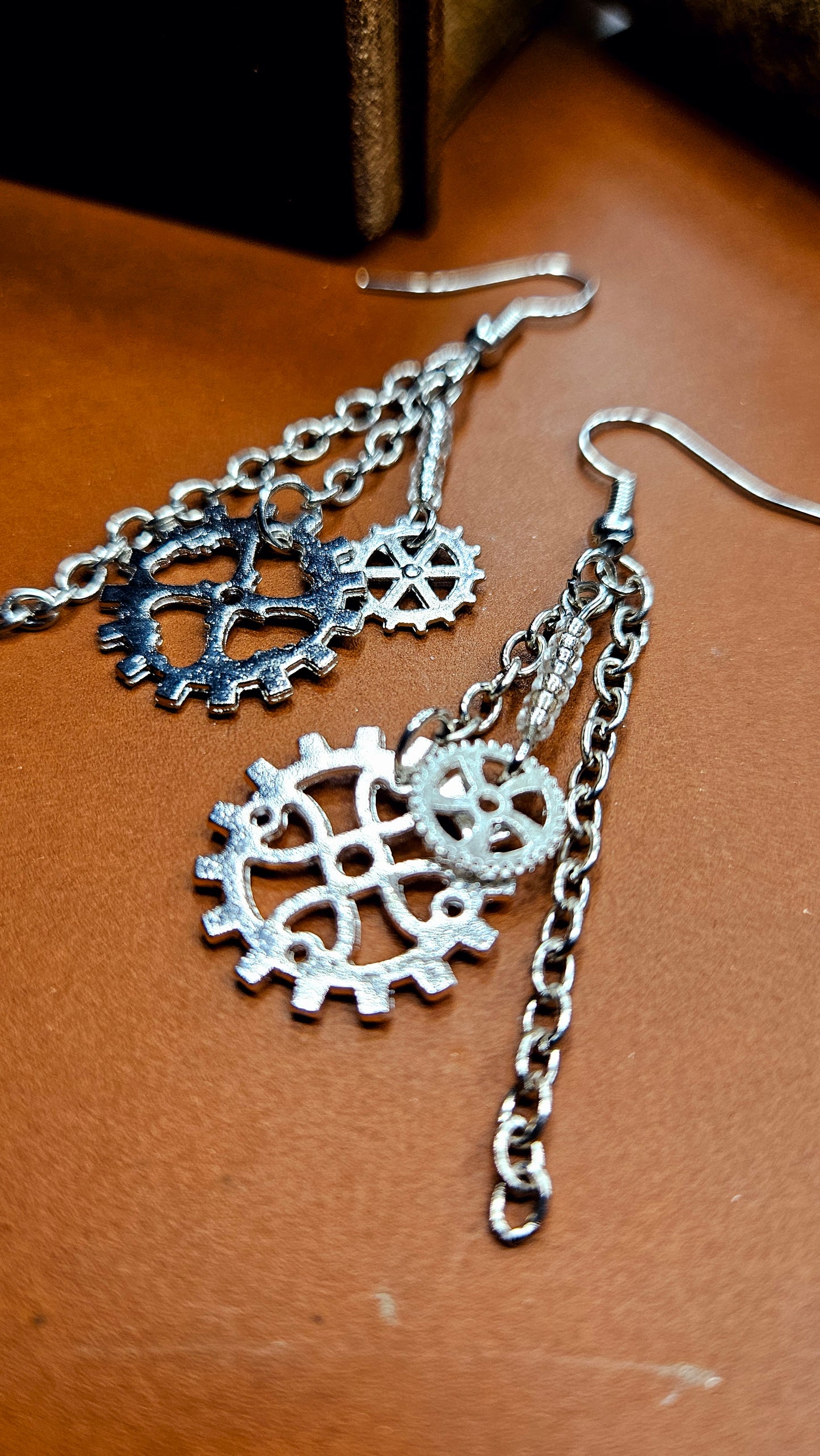Silver Cogs and Chains Steampunk Dangle Earrings