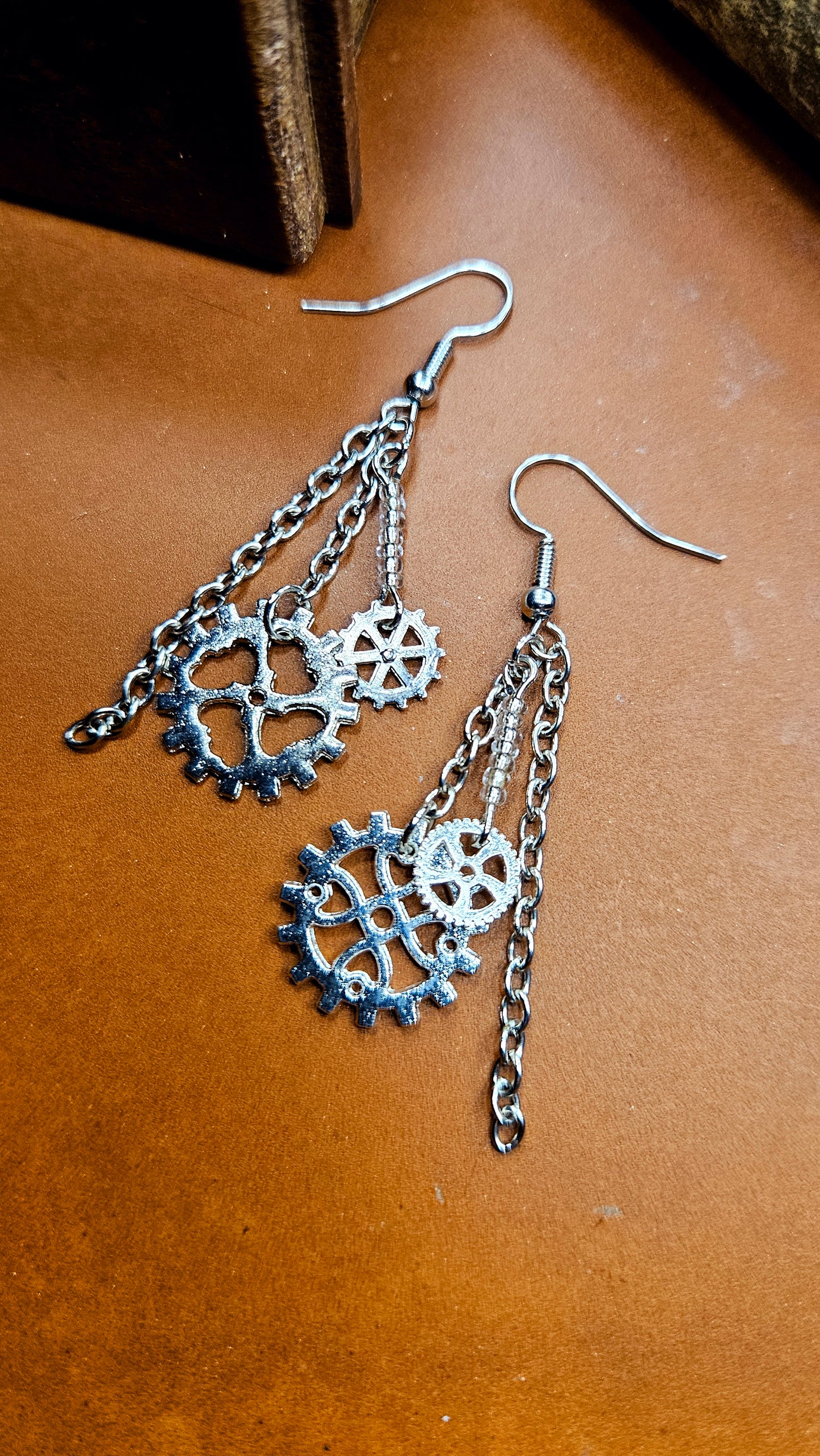 Silver Cogs and Chains Steampunk Dangle Earrings