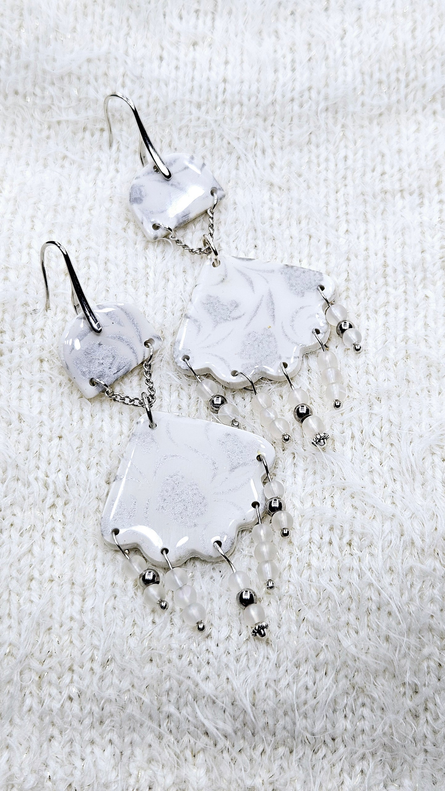 Silver Floral Print Beaded Clay Dangle Earrings