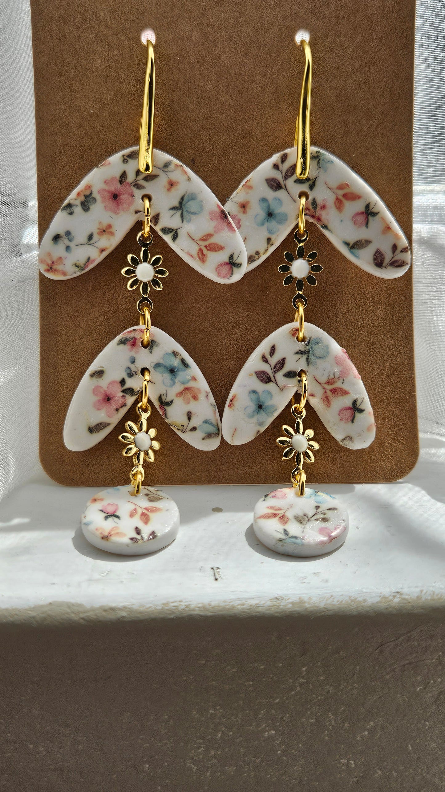 Spring Floral Clay & Gold Flower Chain Dangle Earrings