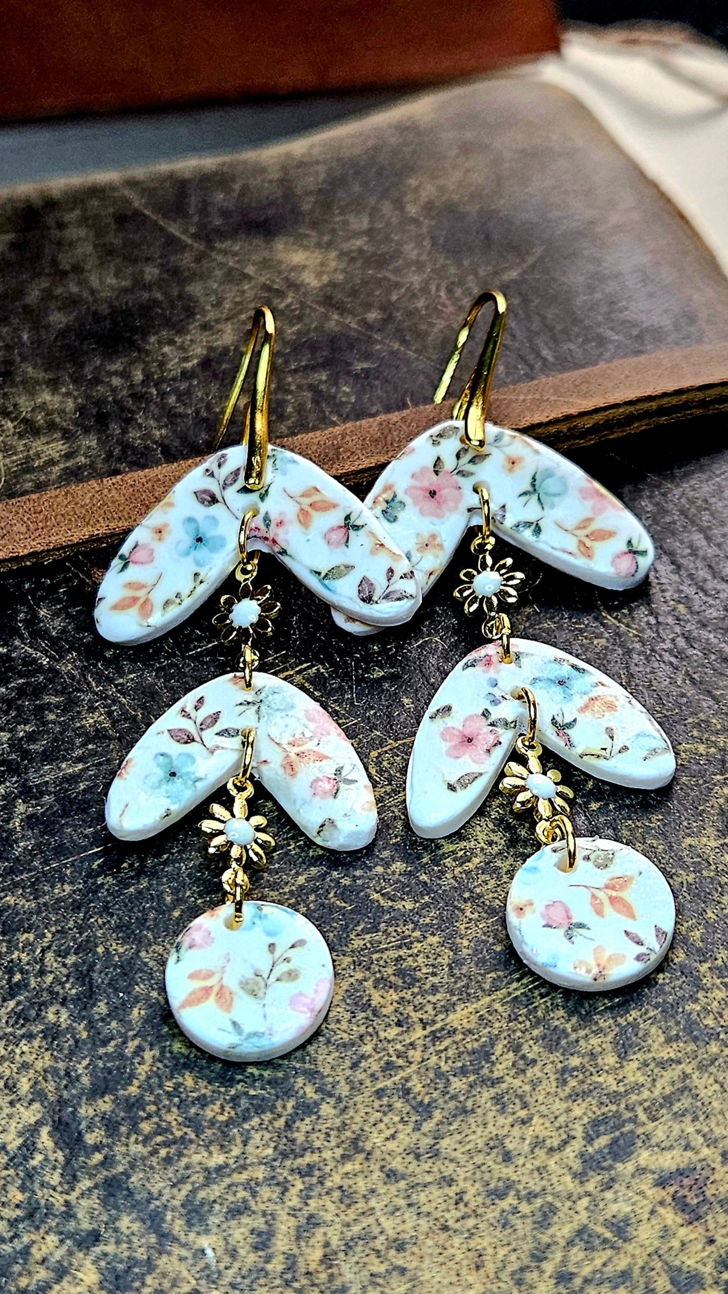 Spring Floral Clay & Gold Flower Chain Dangle Earrings
