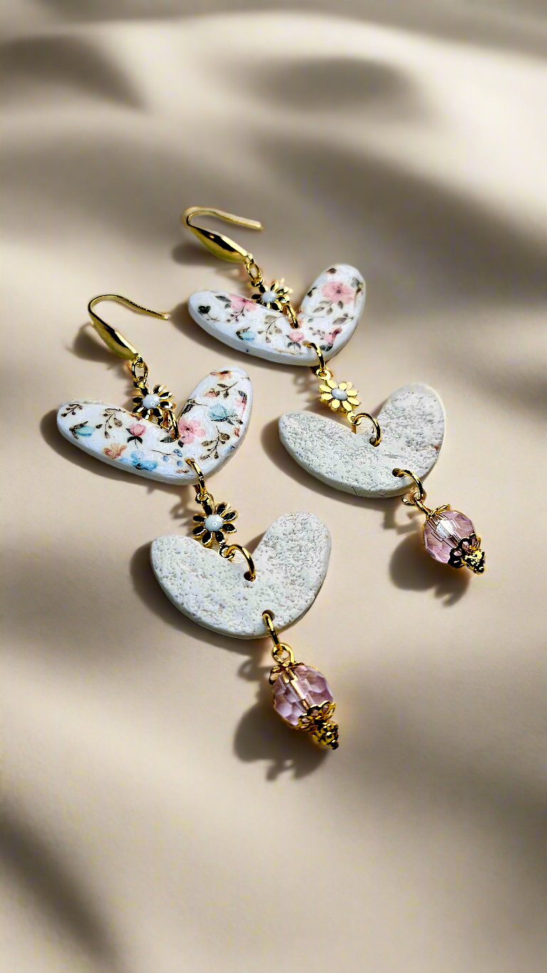 Spring Floral Clay Heart & Gold Flower Chain Dangle Earrings