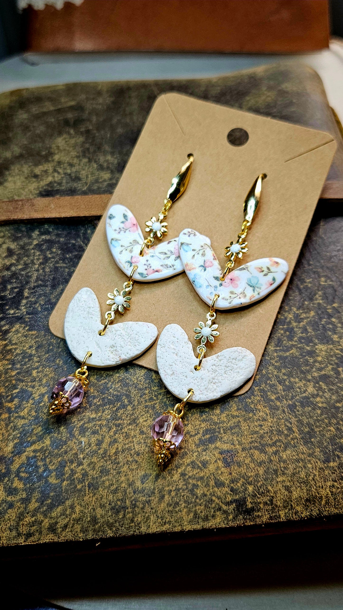 Spring Floral Clay Heart & Gold Flower Chain Dangle Earrings