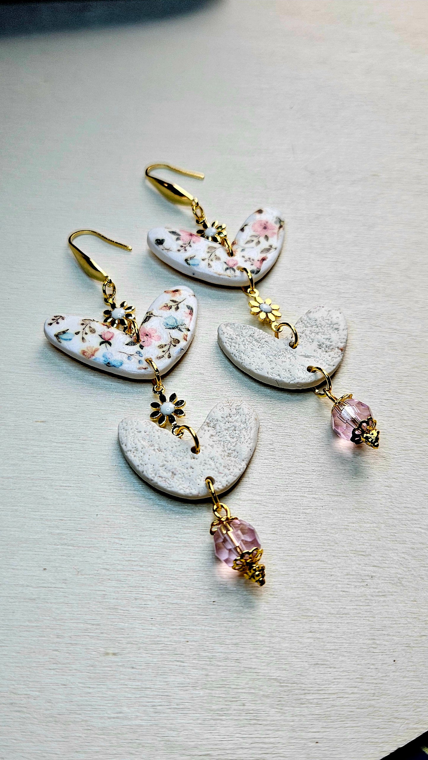Spring Floral Clay Heart & Gold Flower Chain Dangle Earrings