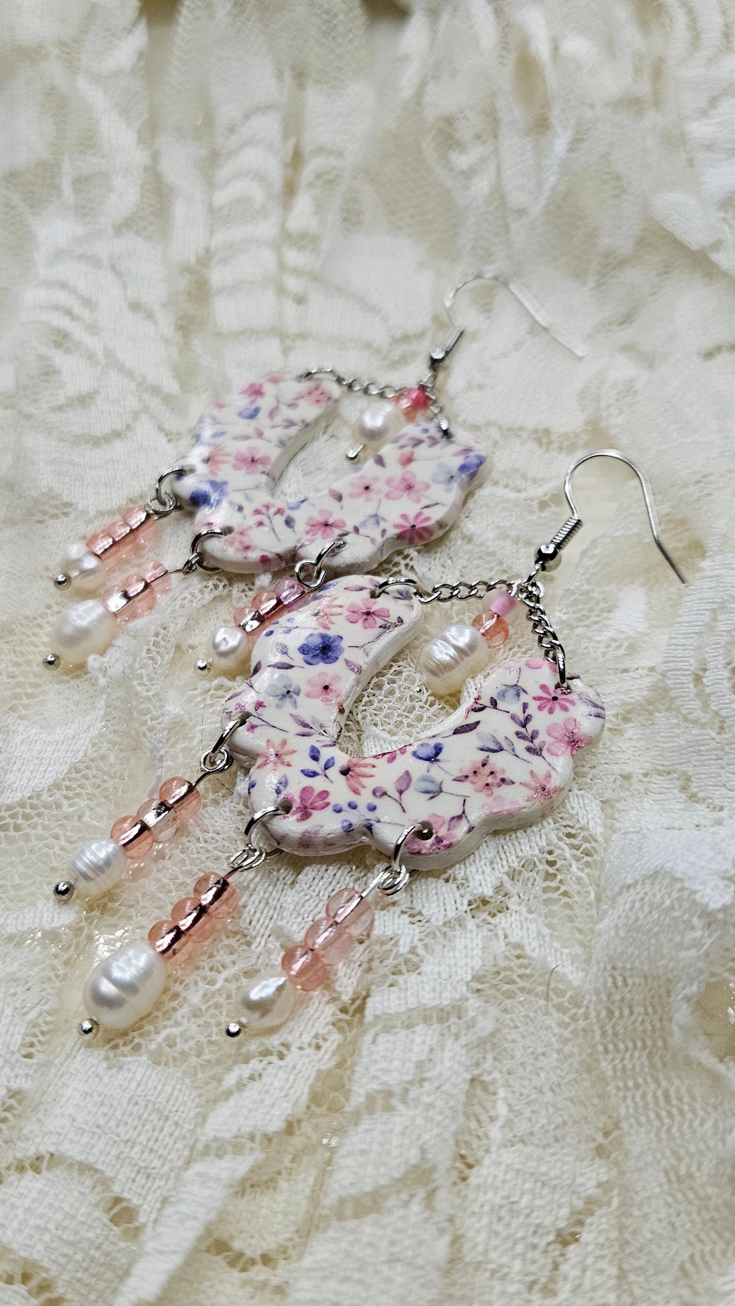 Spring Floral Clay & Pink with Pearl Dangle Earrings