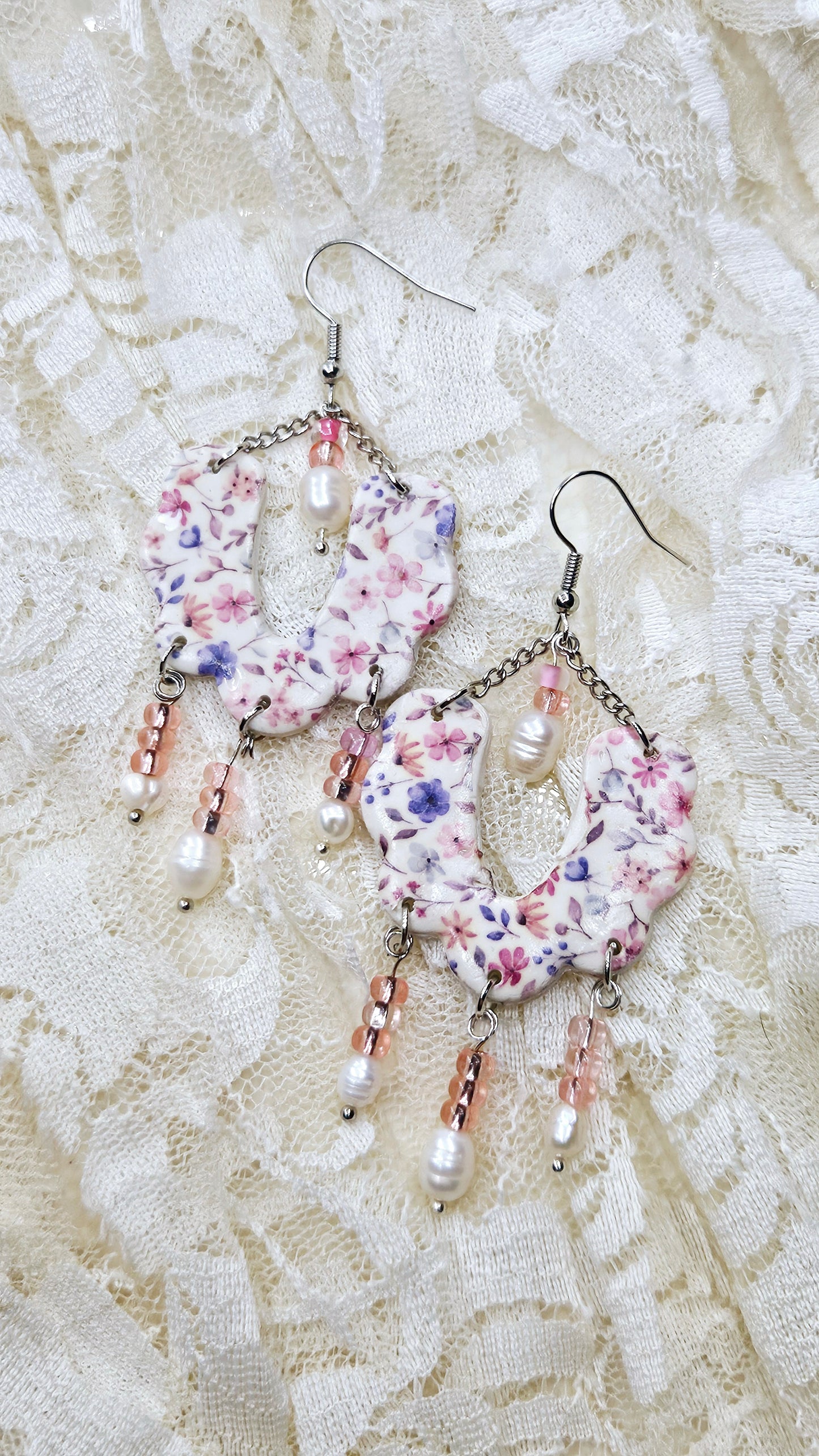Spring Floral Clay & Pink with Pearl Dangle Earrings
