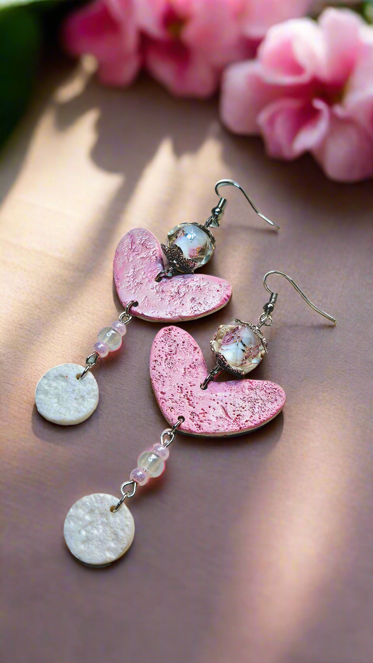 Spring Pink Clay Heart Dangle Earrings