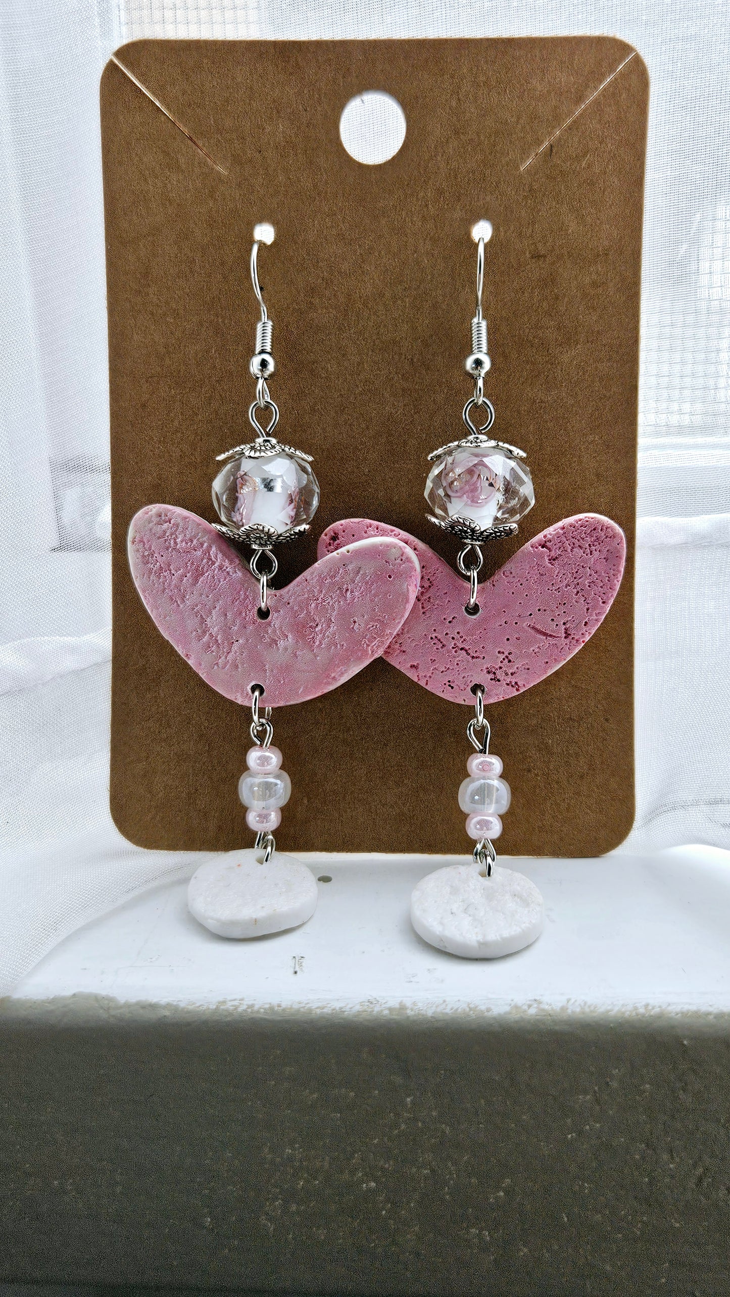 Spring Pink Clay Heart Dangle Earrings