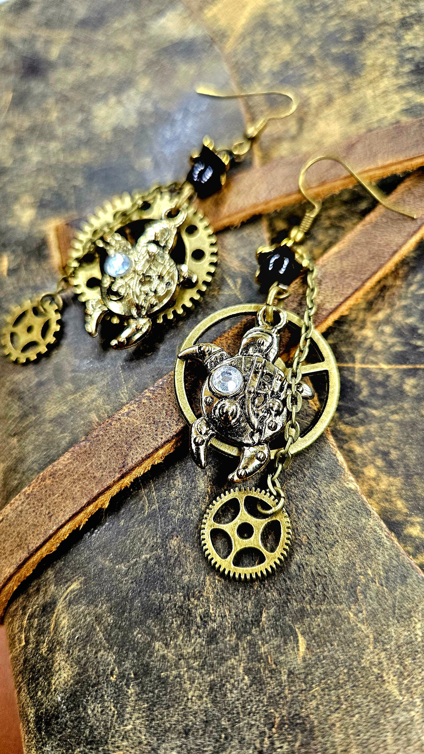 Strapping Steampunk Brass Turtles, Cogwheels & Chains Dangle Earrings